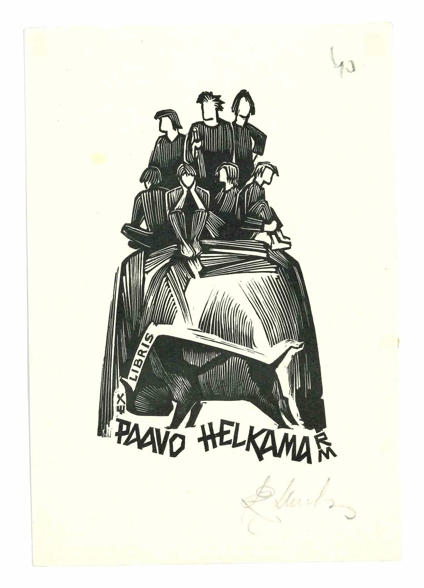 Unknown Figurative Print - Ex Libris Helkama - Original Woodcut - 1940s