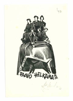 Vintage Ex Libris Helkama - Original Woodcut - 1940s