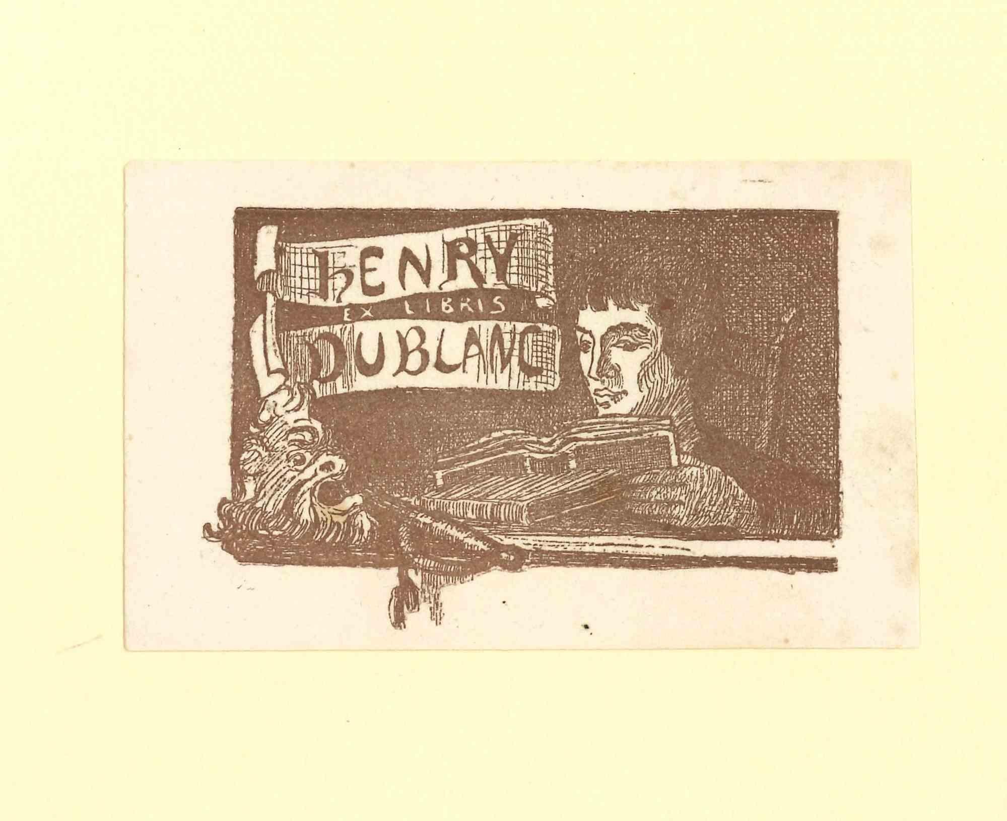 Unknown Figurative Print - Ex Libris Henry Du Blanc - Original Woodcut - Early 20th Century