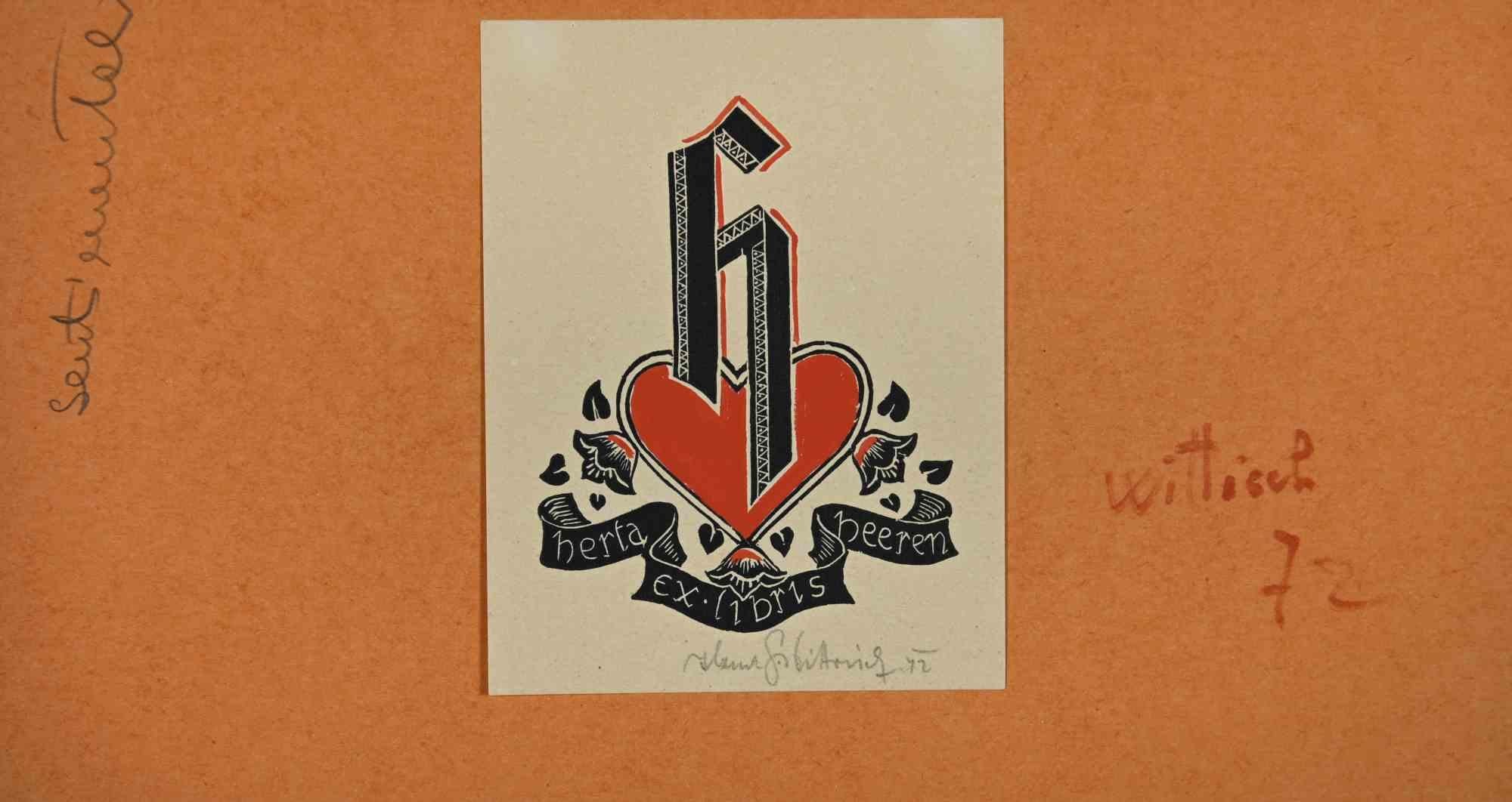 Unknown Figurative Print – Ex-Libris – Herta Heeren – Holzschnitt – Mitte des 20. Jahrhunderts