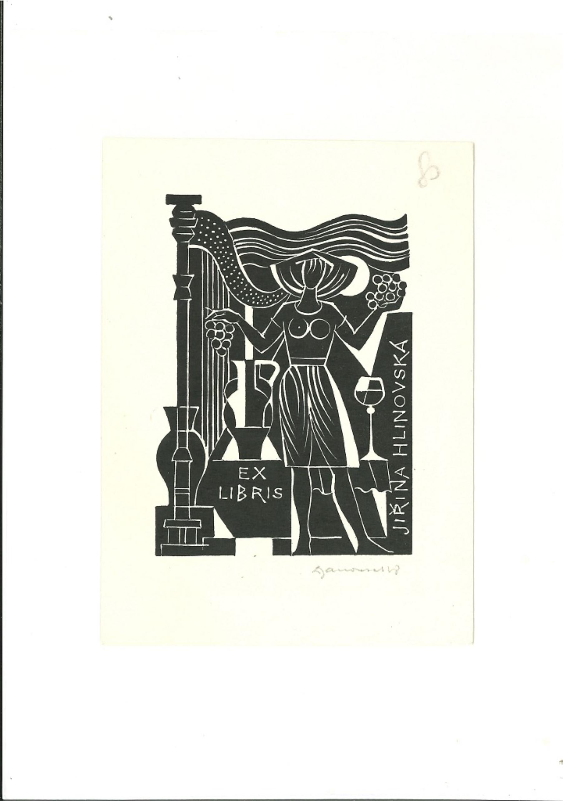 Ex Libris Hlinovska - gravure sur bois originale - milieu du 20e siècle