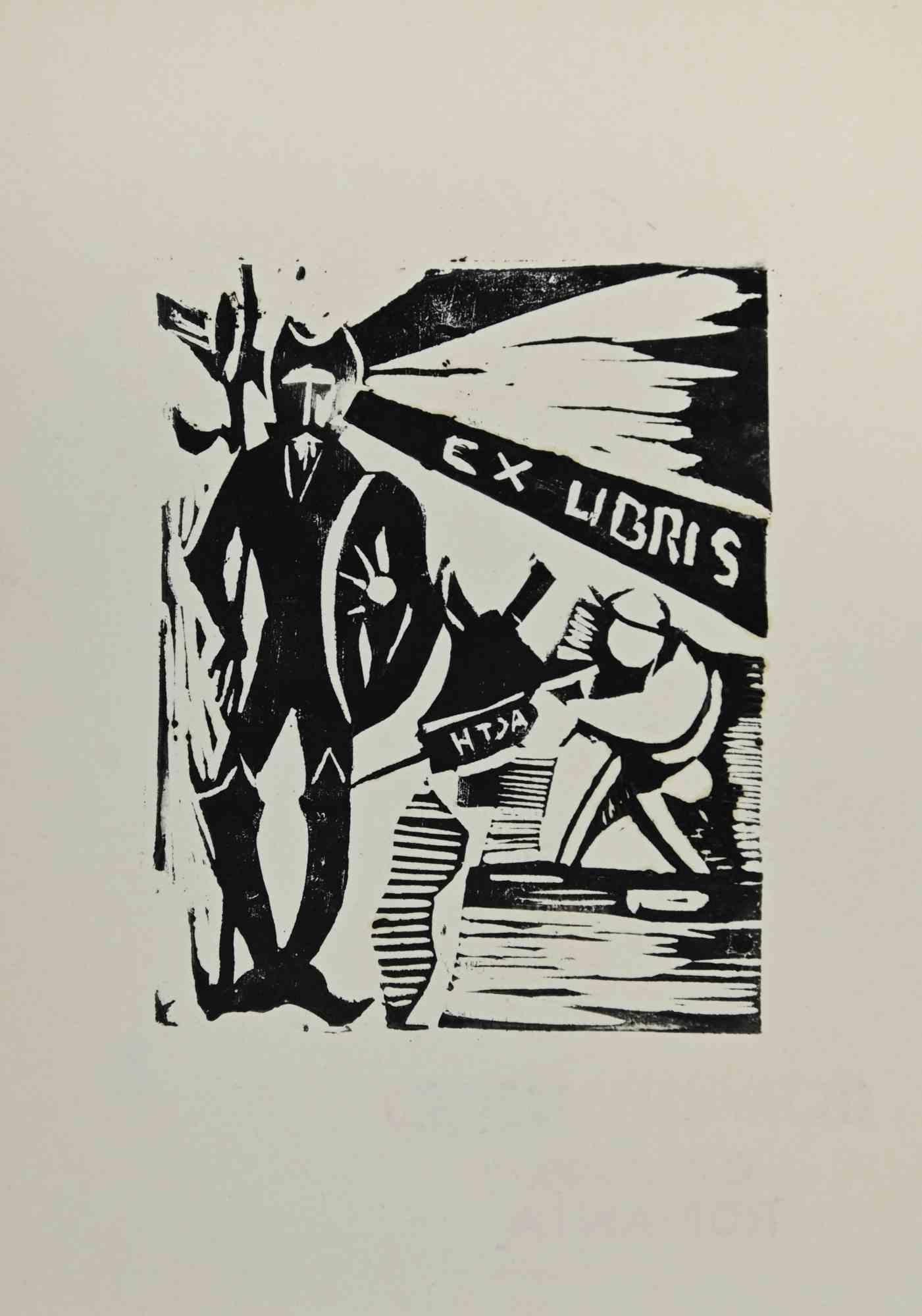 Figurative Print Unknown - Ex-Libris - HTDA - gravure sur bois - Milieu du 20e siècle