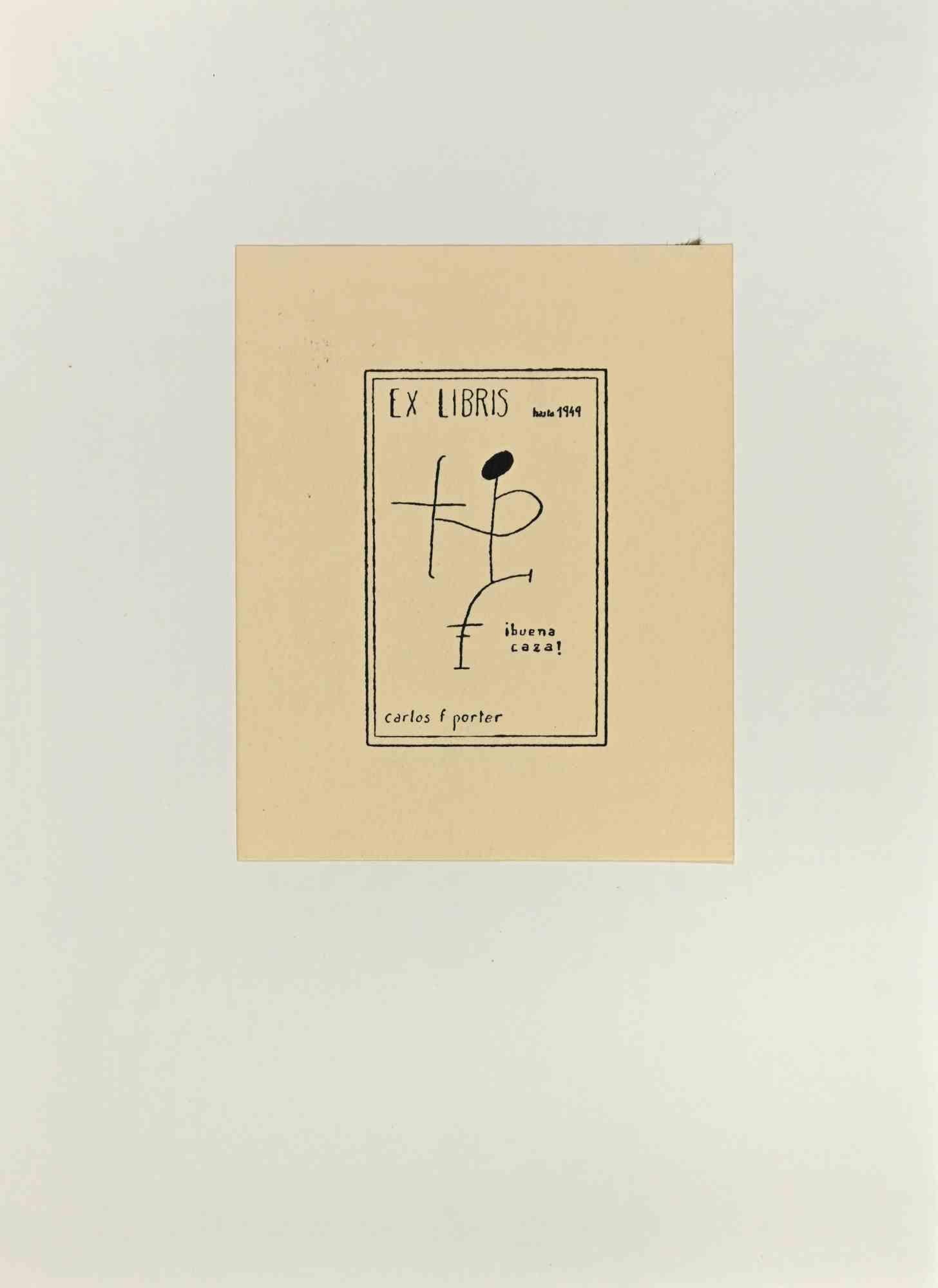 Unknown Figurative Print - Ex Libris - Ibuena Caza! Carlos F Porter - Woodcut - 1949