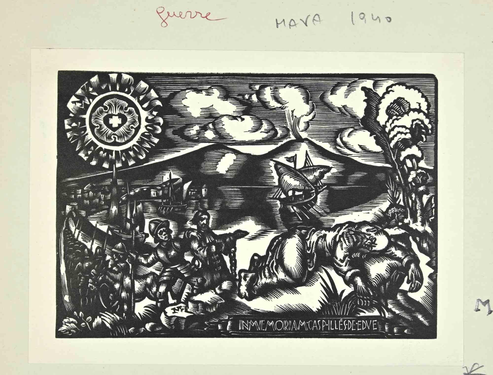Unknown Figurative Print - Ex Libris  - In.Memoriam.Casp.Illes.De.Edve - Woodcut - Mid 20th Century