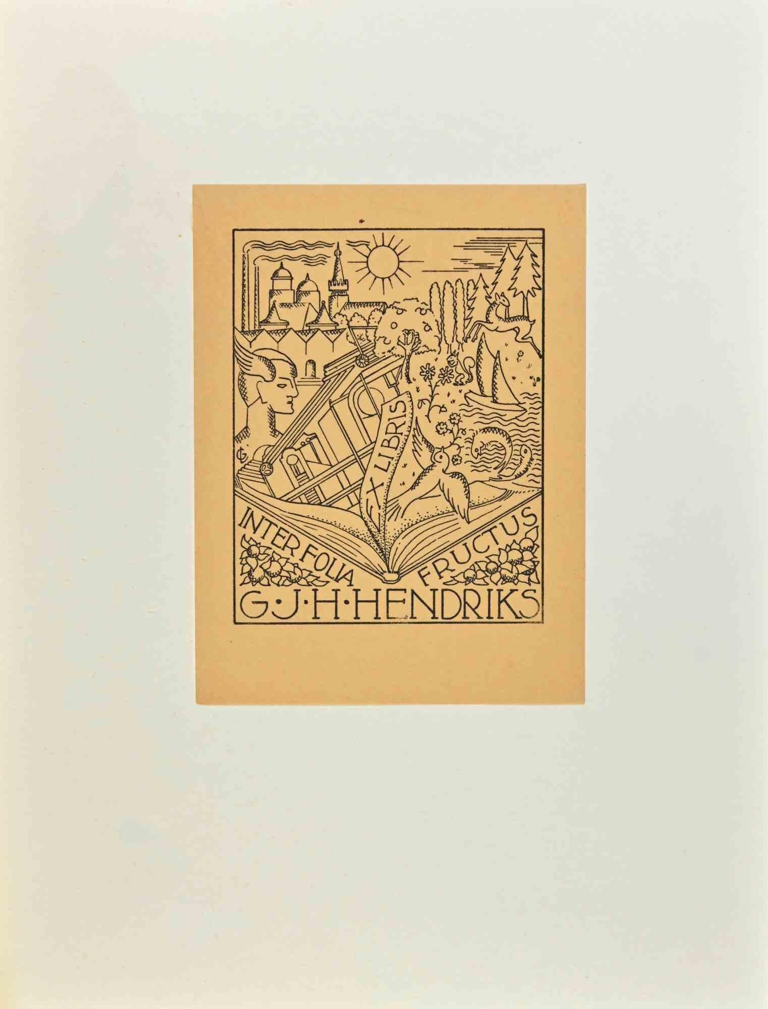Unknown Figurative Print – Ex Libris – Inter Folia Fructus. G.J.H. Hendriks – Holzschnitt – Mitte des 20. Jahrhunderts