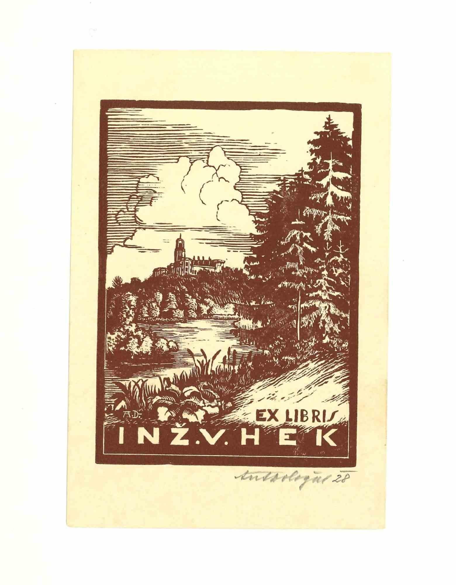 Unknown Figurative Print - Ex Libris Inz.V.Hek - Original Woodcut - 1928