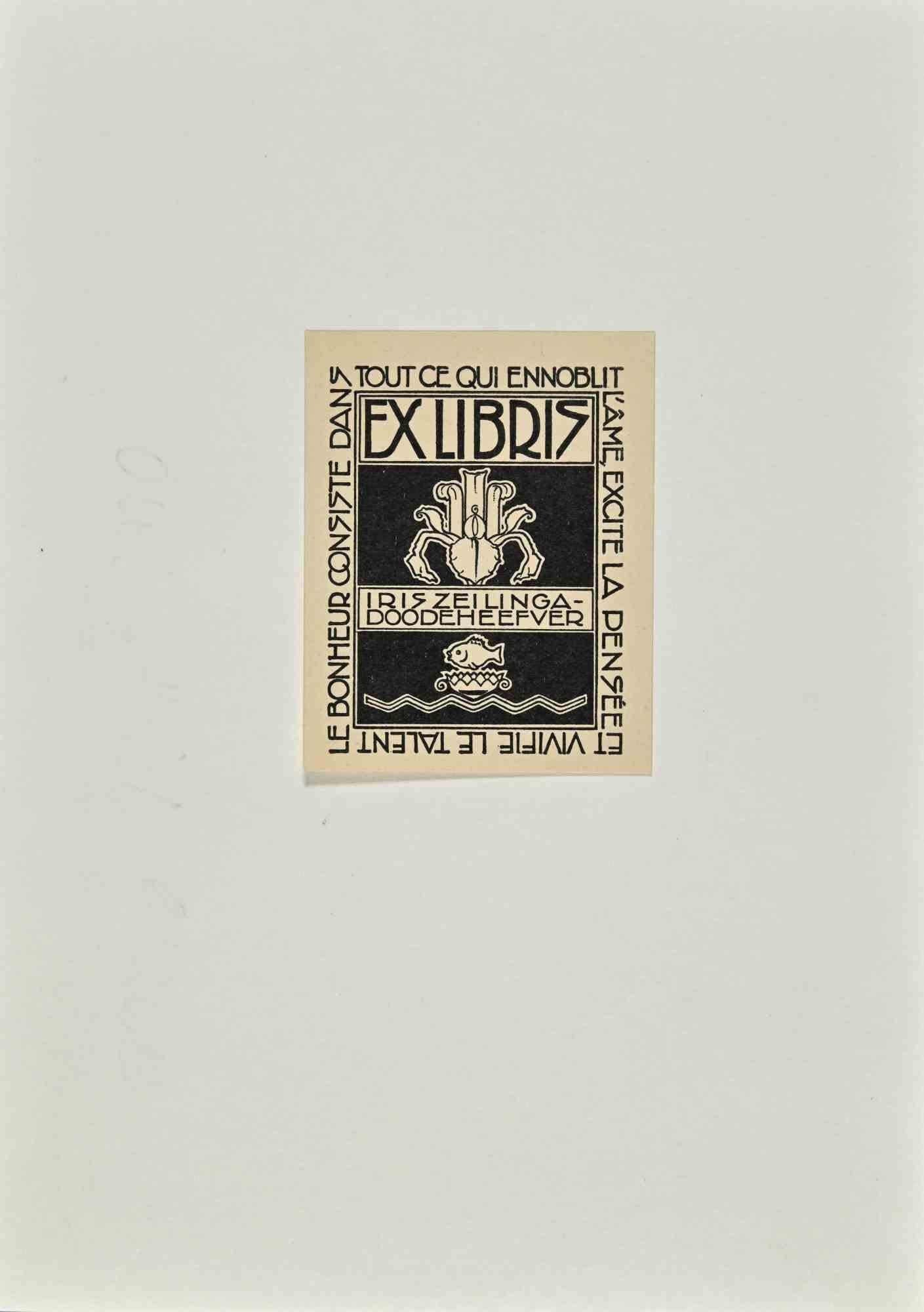 Unknown Figurative Print - Ex Libris  - Iris Zeilinga Doodeheefver - Woodcut - Mid 20th Century