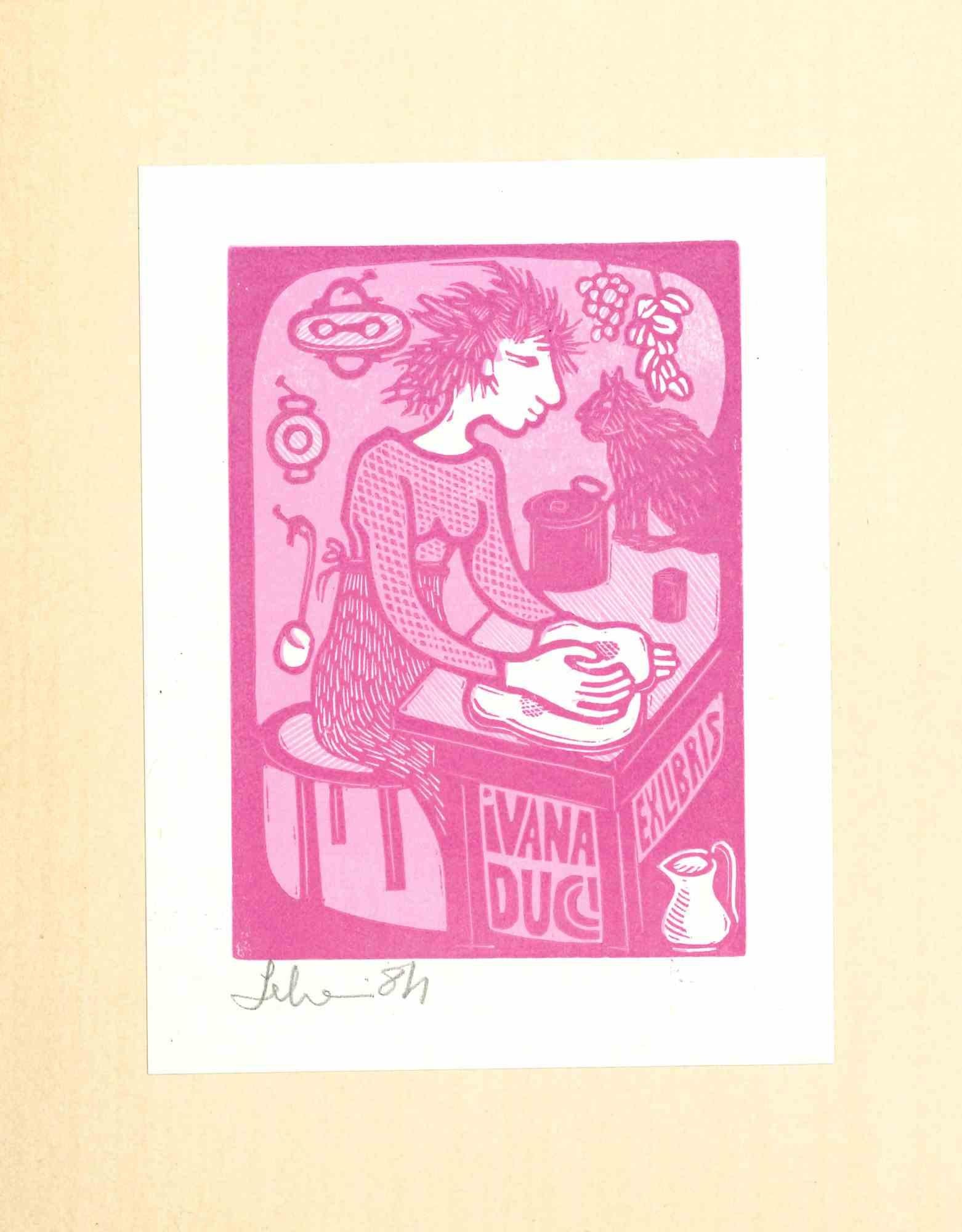Unknown Figurative Print – Ex Libris Ivana Ducci – Original Holzschnitt – 1984