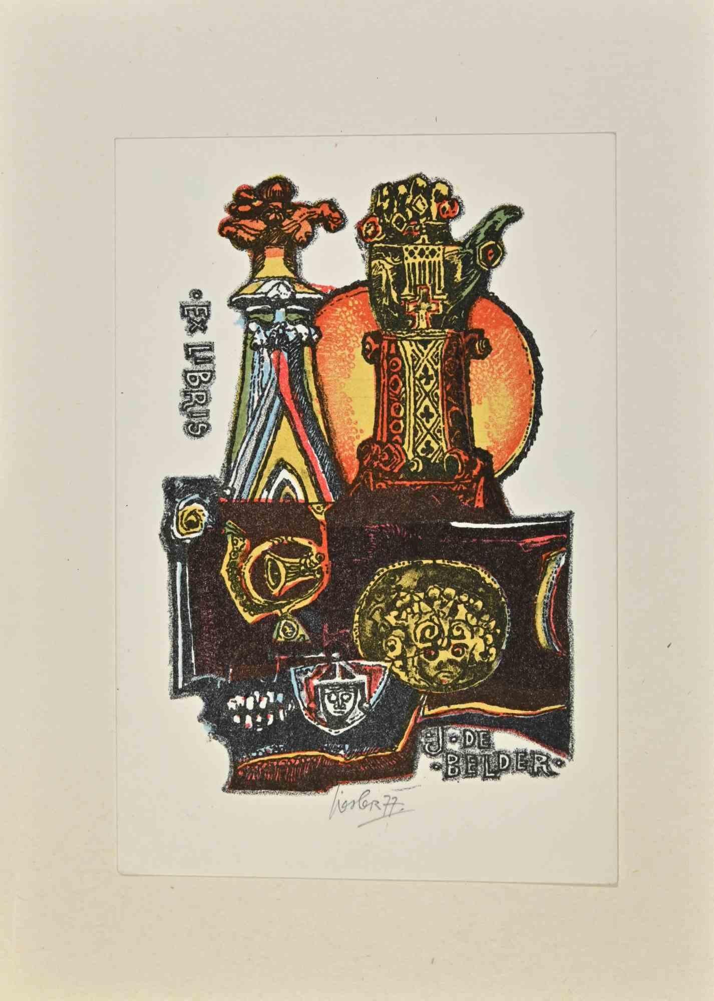 Unknown Figurative Print – Ex Libris J. De Belder – Holzschnitt von Josef Liesler – 1977