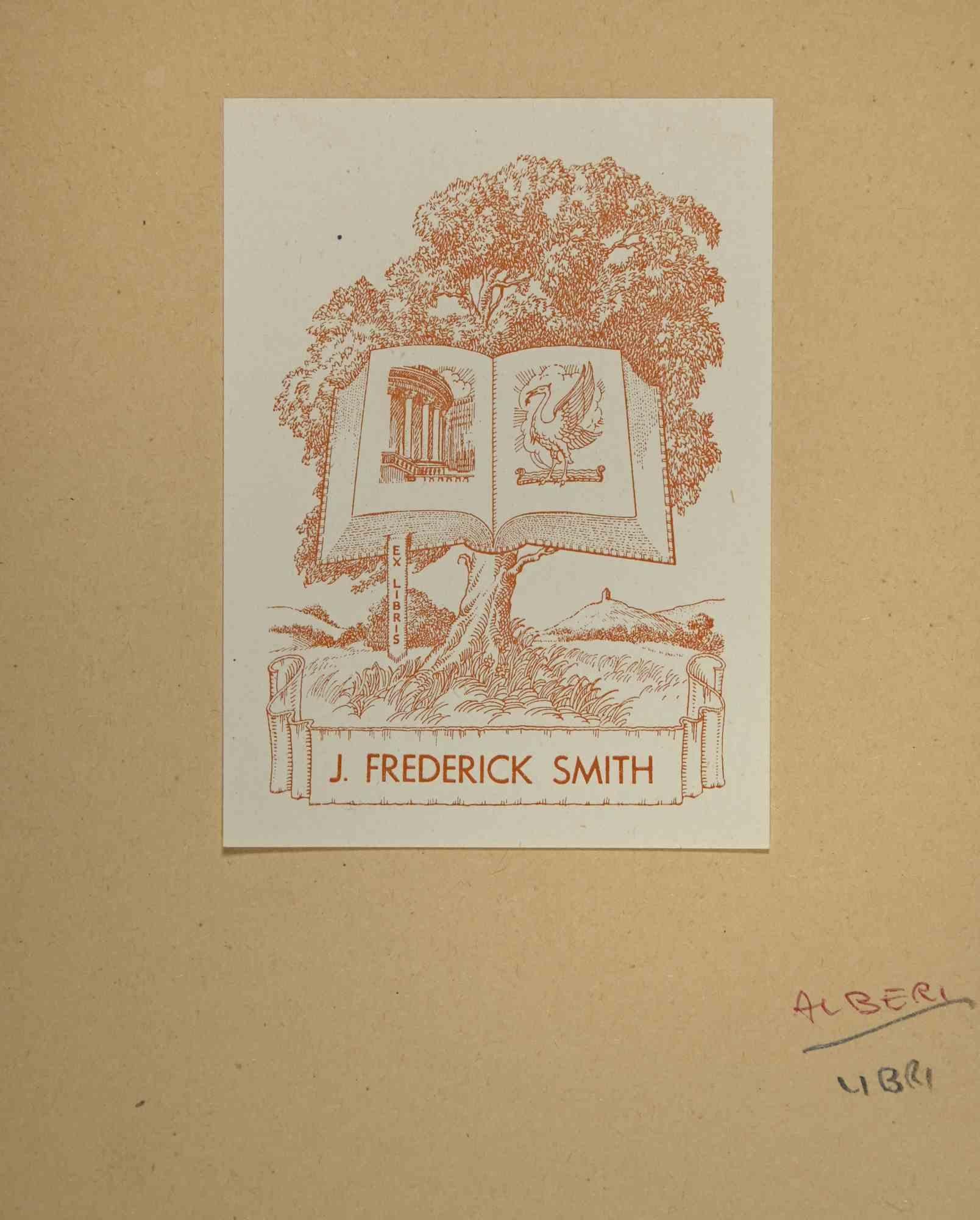Unknown Figurative Print – Ex-Libris – J. Frederick – Holzschnitt – Mitte des 20. Jahrhunderts