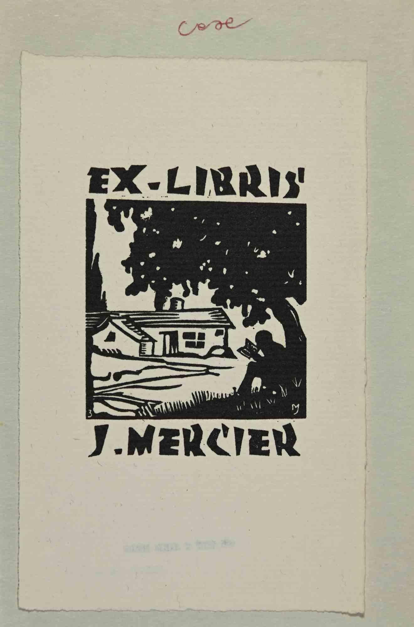 Unknown Figurative Print - Ex-Libris - J. Mercier - Woodcut by Jocelyn Mercier - 1957