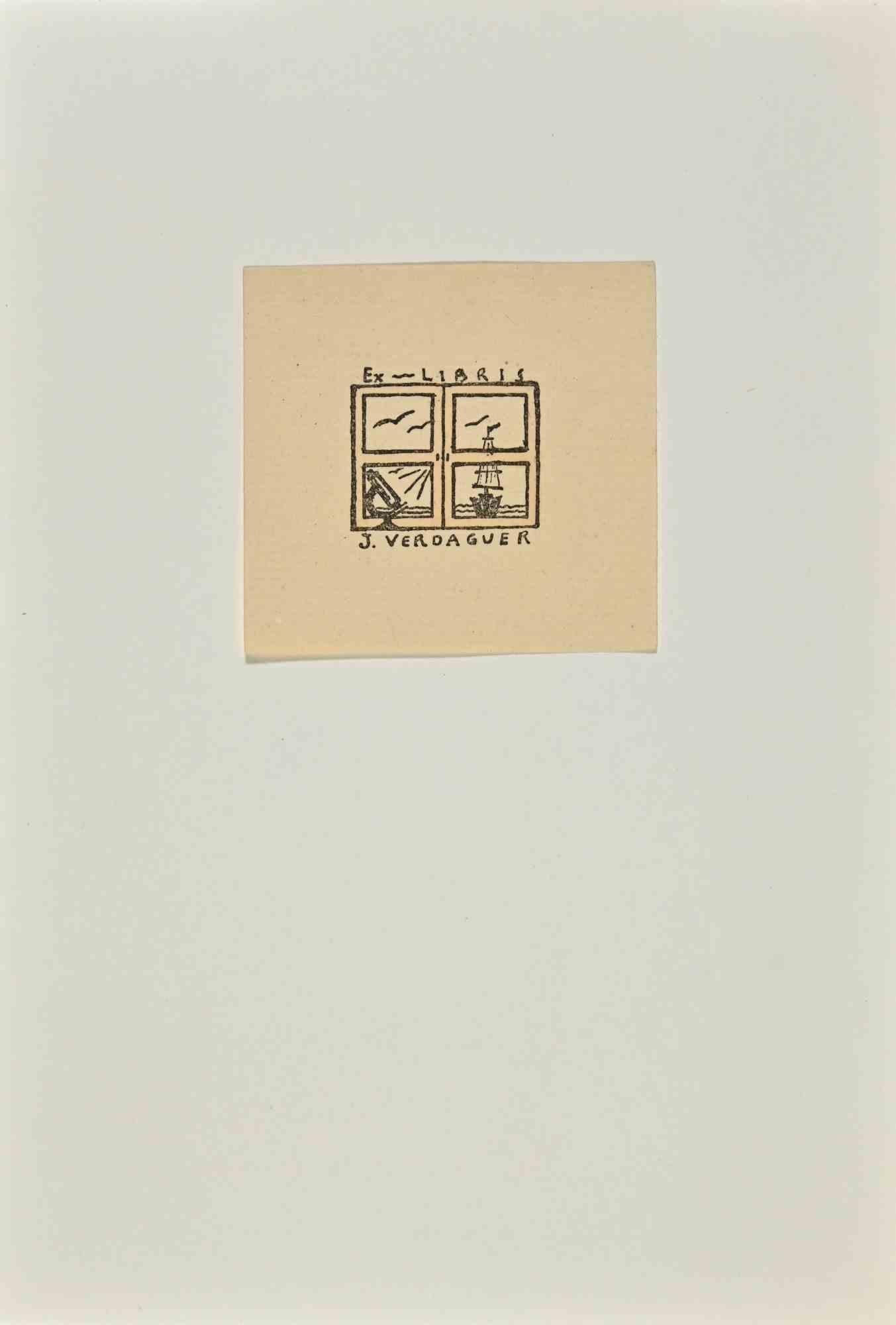 Unknown Figurative Print - Ex Libris J. Veroaguer - Woodcut Print - Mid-20th Century