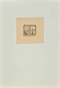 Ex Libris J. Veroaguer – Holzschnittdruck – Mitte des 20. Jahrhunderts