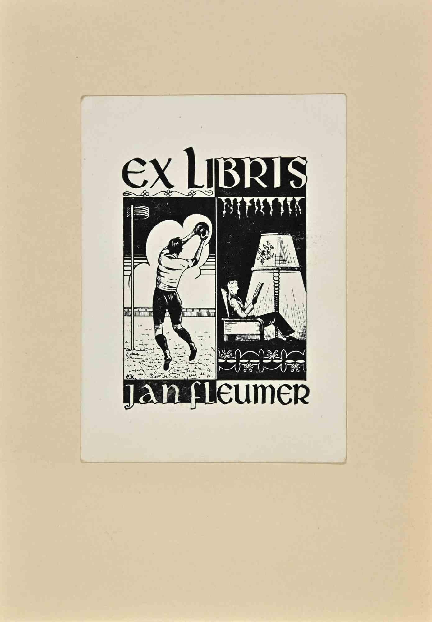 Unknown Figurative Print – Ex Libris – Jan Fleumer – Holzschnitt – Mitte des 20. Jahrhunderts