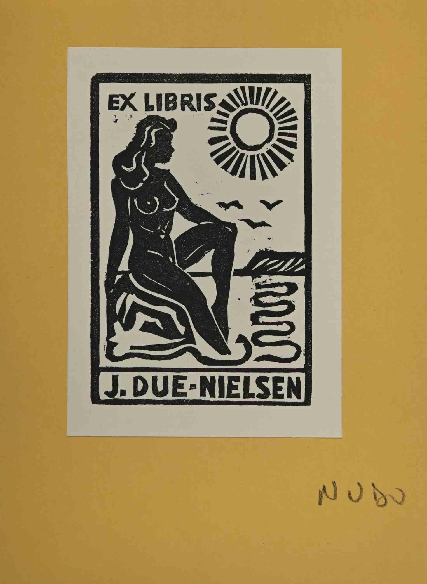 Unknown Figurative Print - Ex-Libris  - J.Due-Nielsen - woodcut- Mid 20th Century