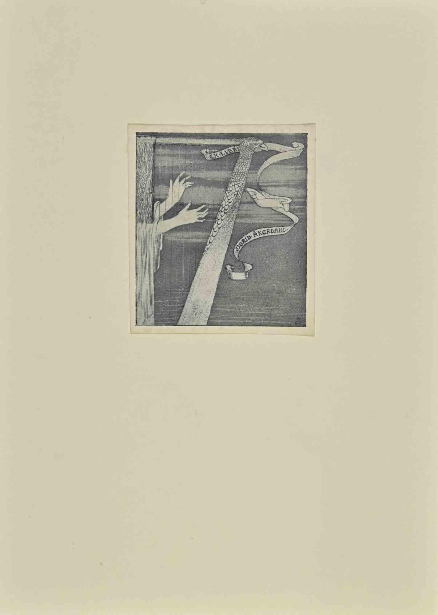 Figurative Print di Unknown - Ex Libris Jigrid Akerdahl - Xilografia - Metà del XX secolo