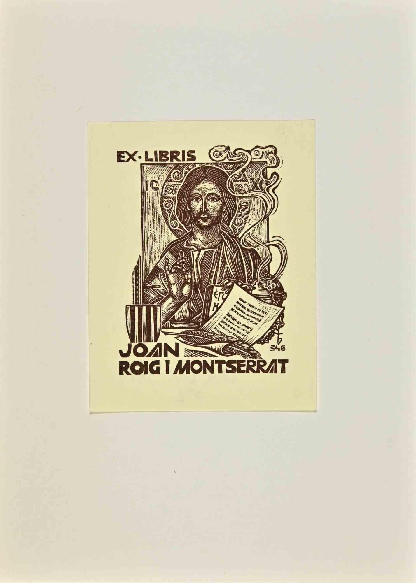 Unknown Figurative Print - Ex Libris Joan Roig I Montserrat - Woodcut Print - Mid-20th Century