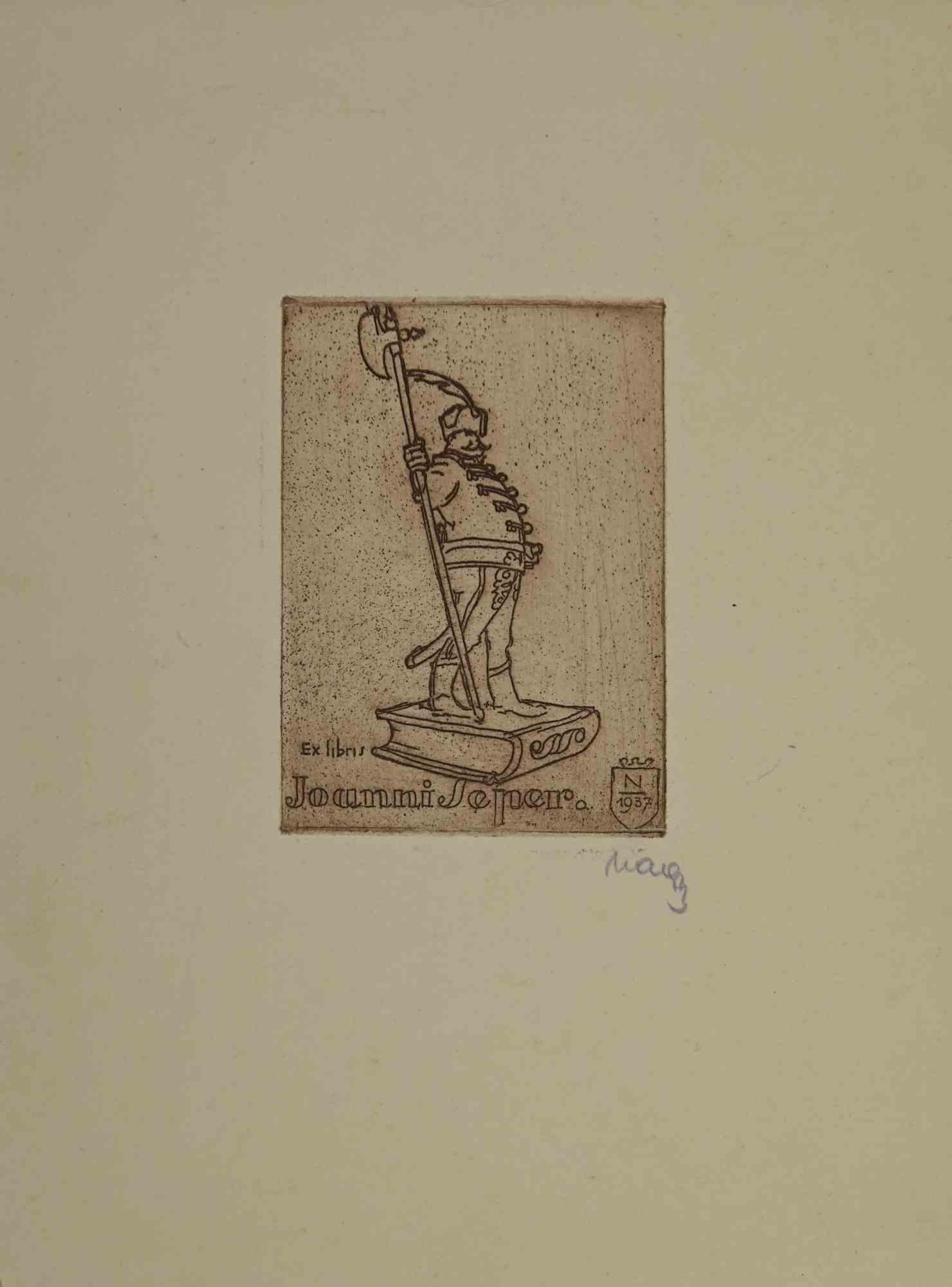Unknown Figurative Print – Ex-Libris - Joanni Seper - Holzschnitt - Mitte 20. Jahrhundert