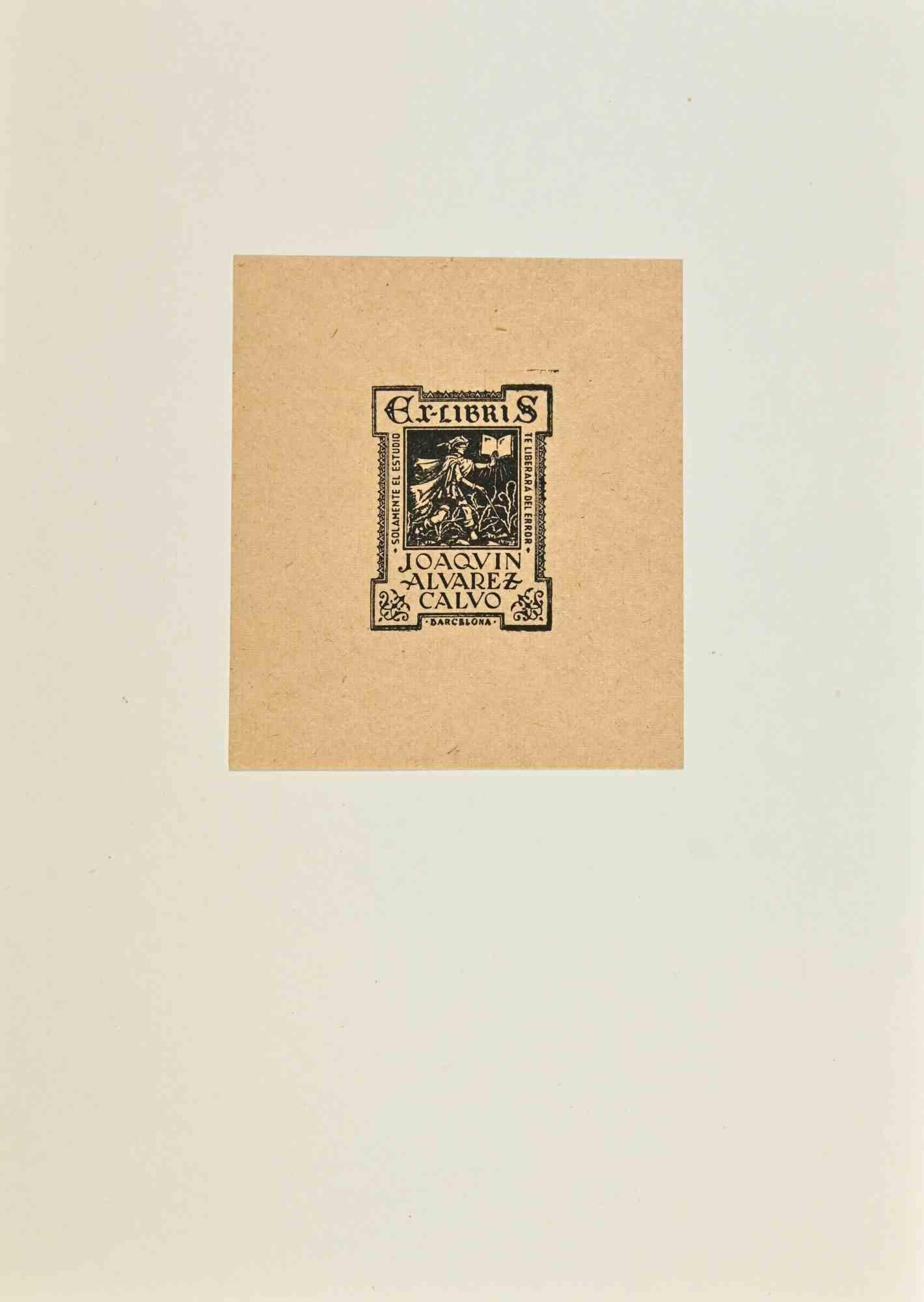 Unknown Figurative Print – Ex Libris Joaquin Alvarez Calvo – Holzschnittdruck – Mitte des 20. Jahrhunderts