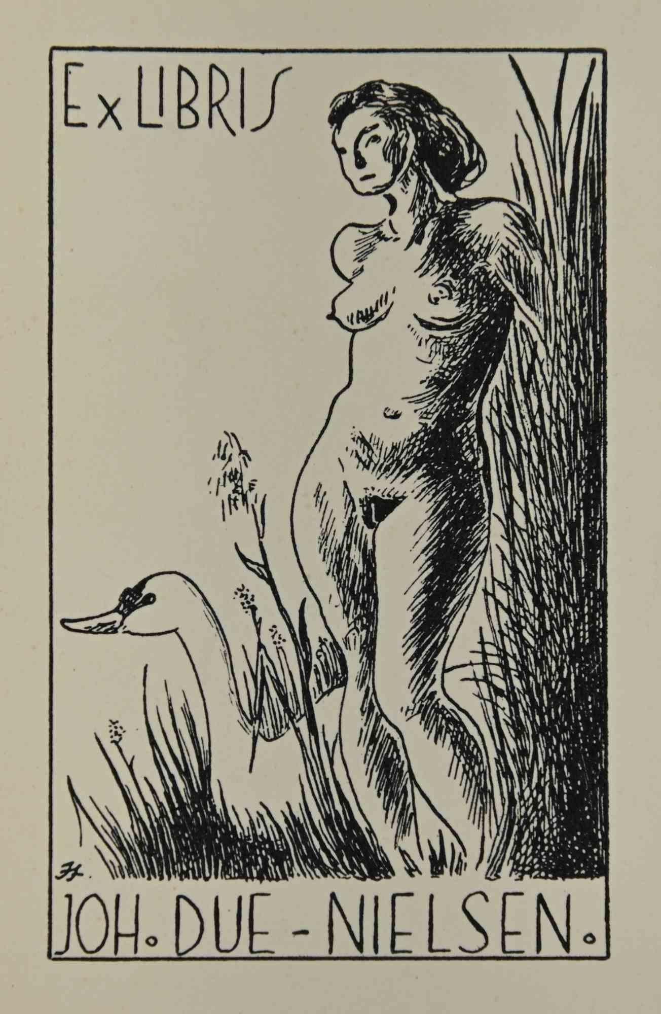 Unknown Figurative Print – Ex-Libris – Joh Due Nielsen – Holzschnitt – Mitte des 20. Jahrhunderts