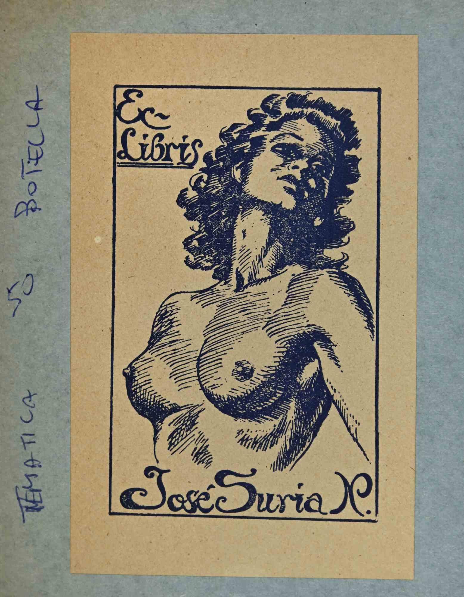 Unknown Figurative Print - Ex-Libris  - Jose Suria - woodcut- Mid 20th Century