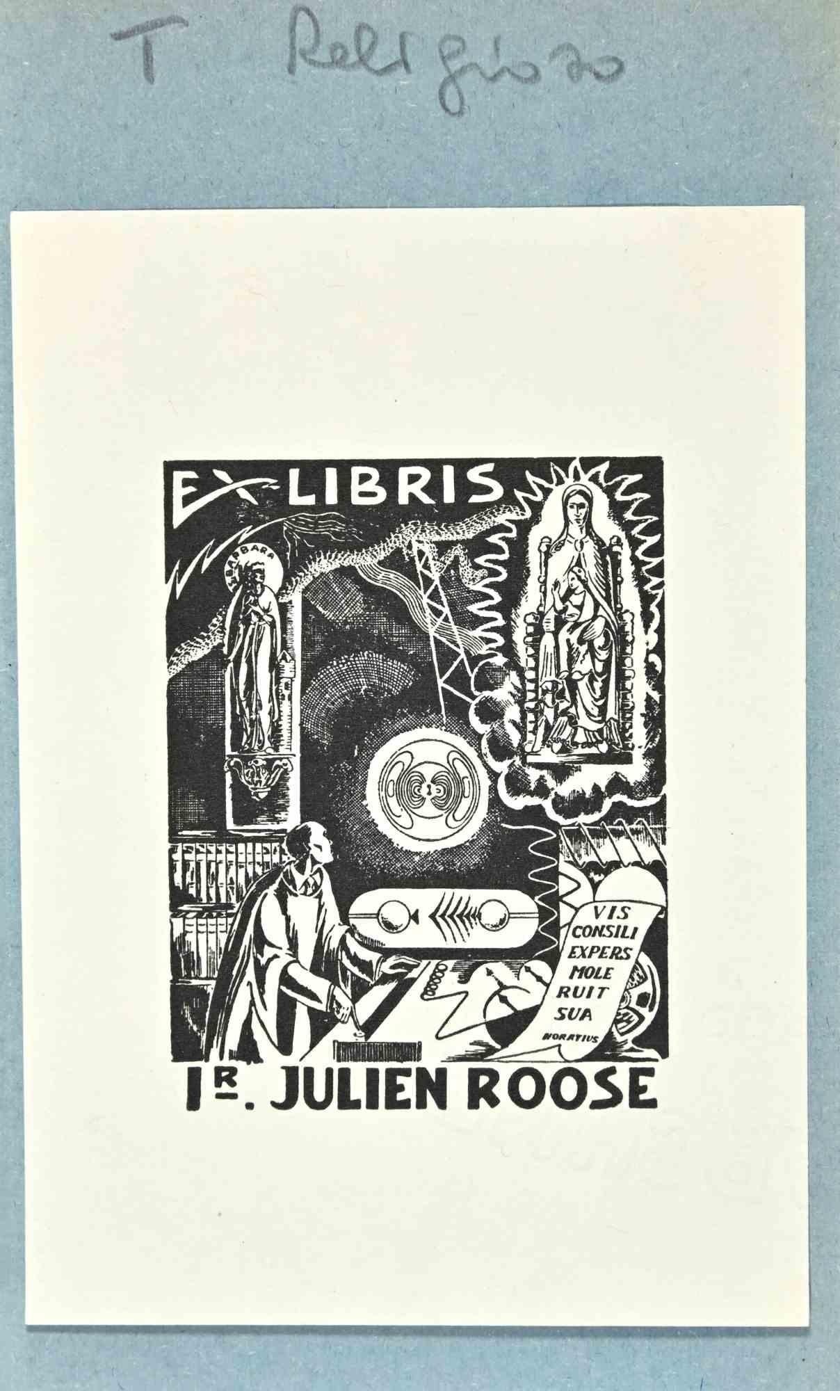 Unknown Figurative Print – Ex Libris – Julien Hahn – Holzschnitt – Mitte des 20. Jahrhunderts