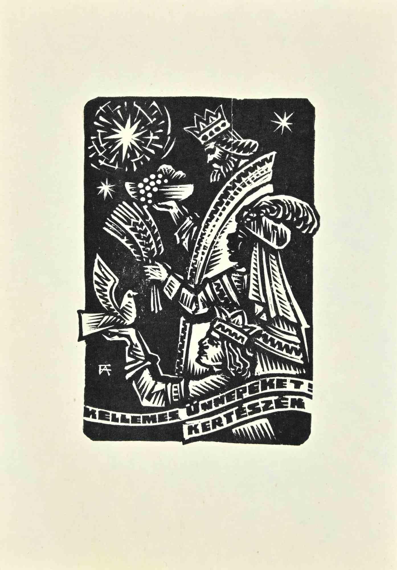 Unknown Figurative Print – Ex Libris - Kerteszek - Holzschnitt - Mitte des 20. Jahrhunderts