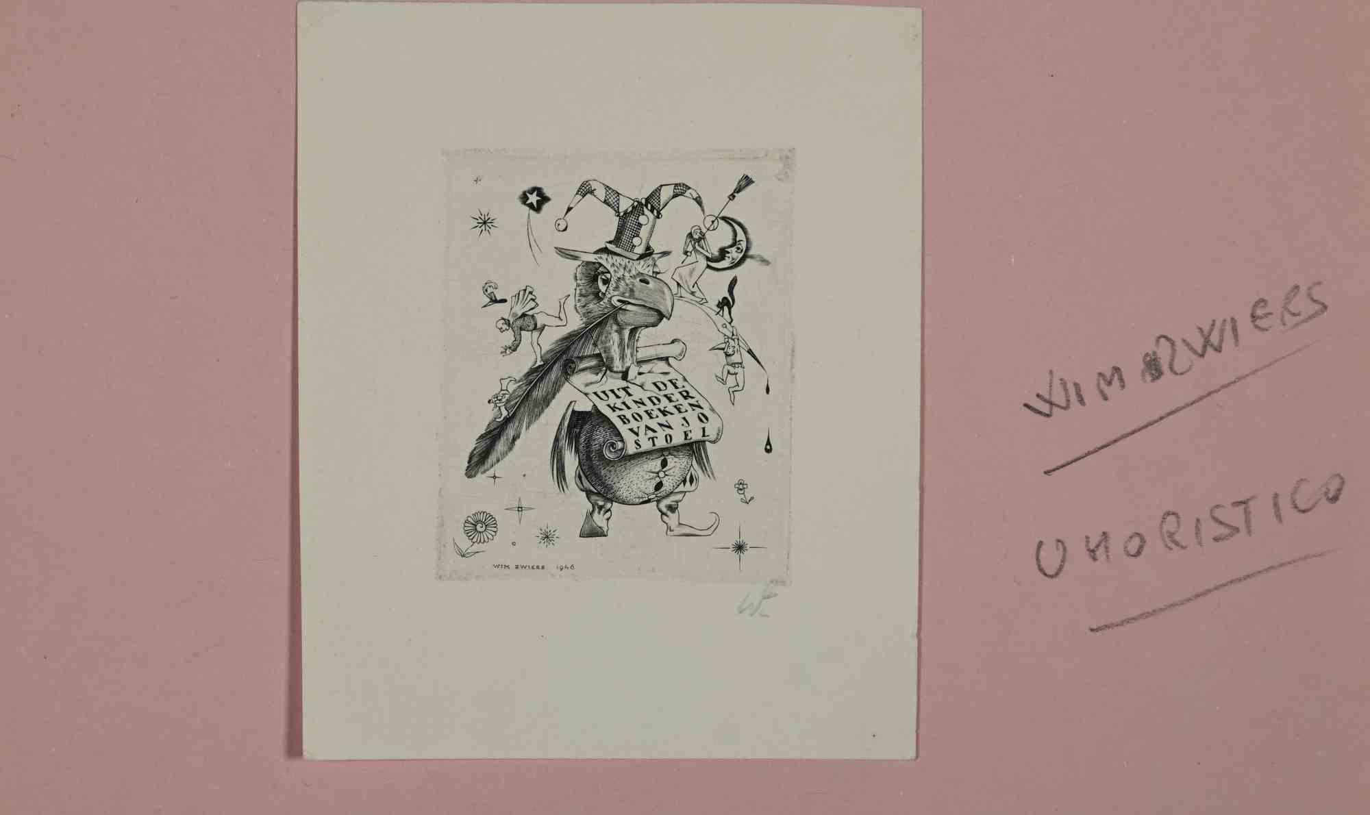 Unknown Figurative Print - Ex-Libris -  Kinder Boeken - woodcut - Mid 20th Century