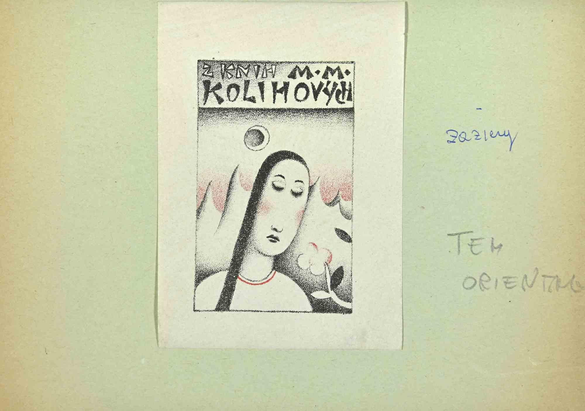 Unknown Figurative Print – Ex Libris - Kolihovych - Holzschnitt - Mitte des 20. Jahrhunderts