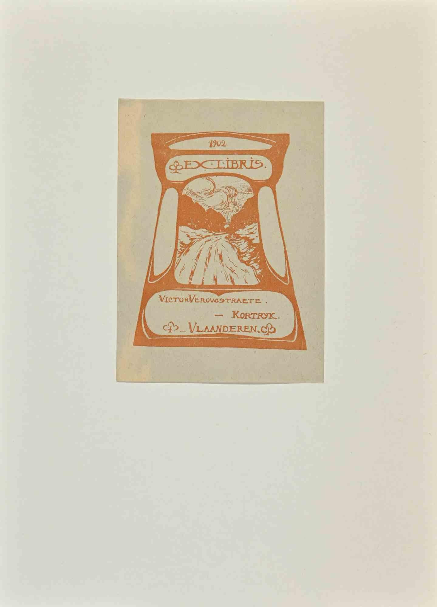 Unknown Figurative Print - Ex Libris Kortryk Vlaanderen - Woodcut - Mid 20th Century