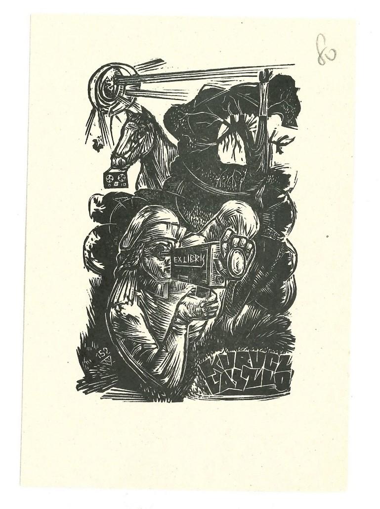 Unknown Figurative Print - Ex Libris Kurucz Laszlo - Original Woodcut Print - 1950s