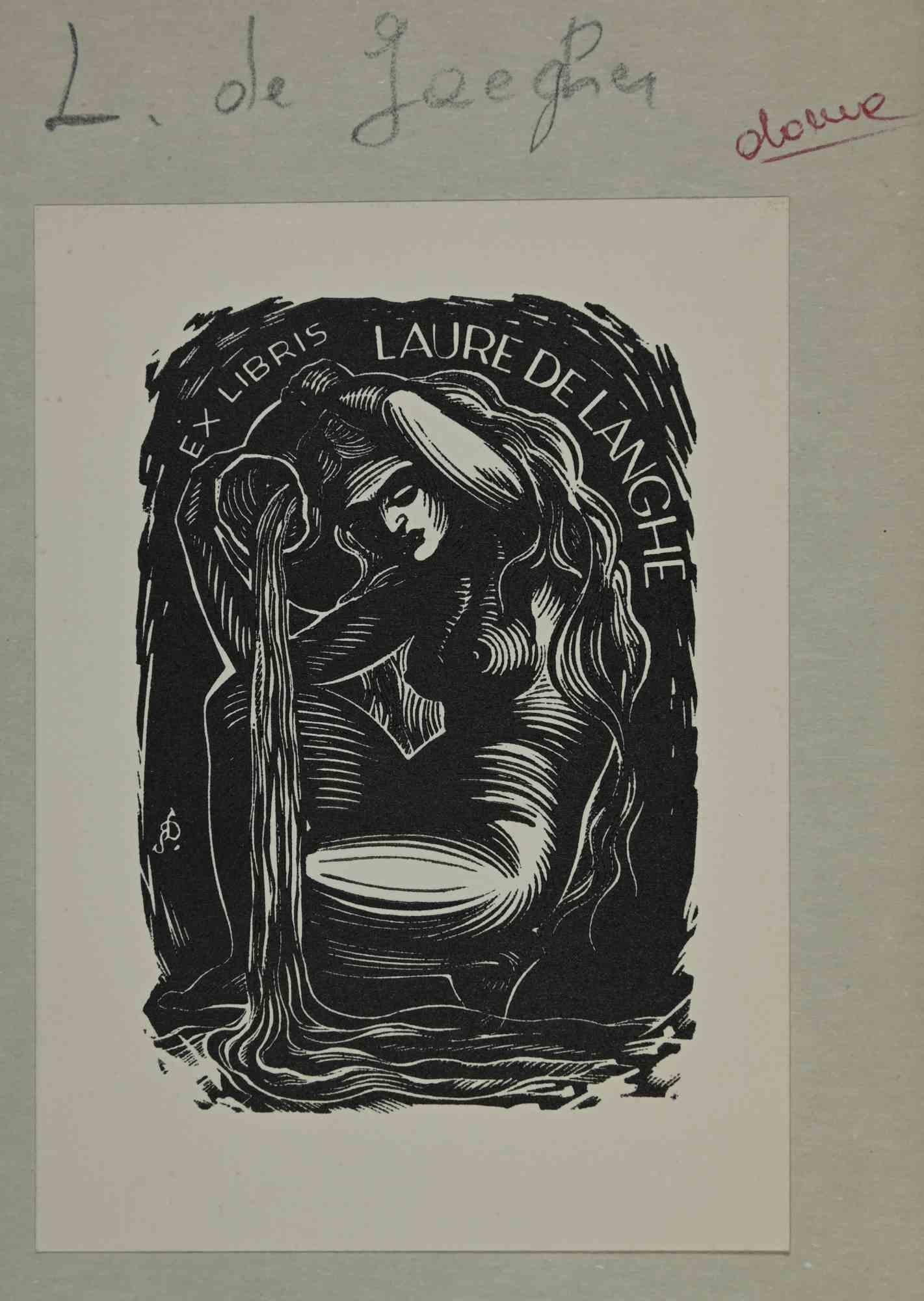 Figurative Print di Unknown - Ex-Libris - Laure de Langhe - Xilografia - Metà del XX secolo