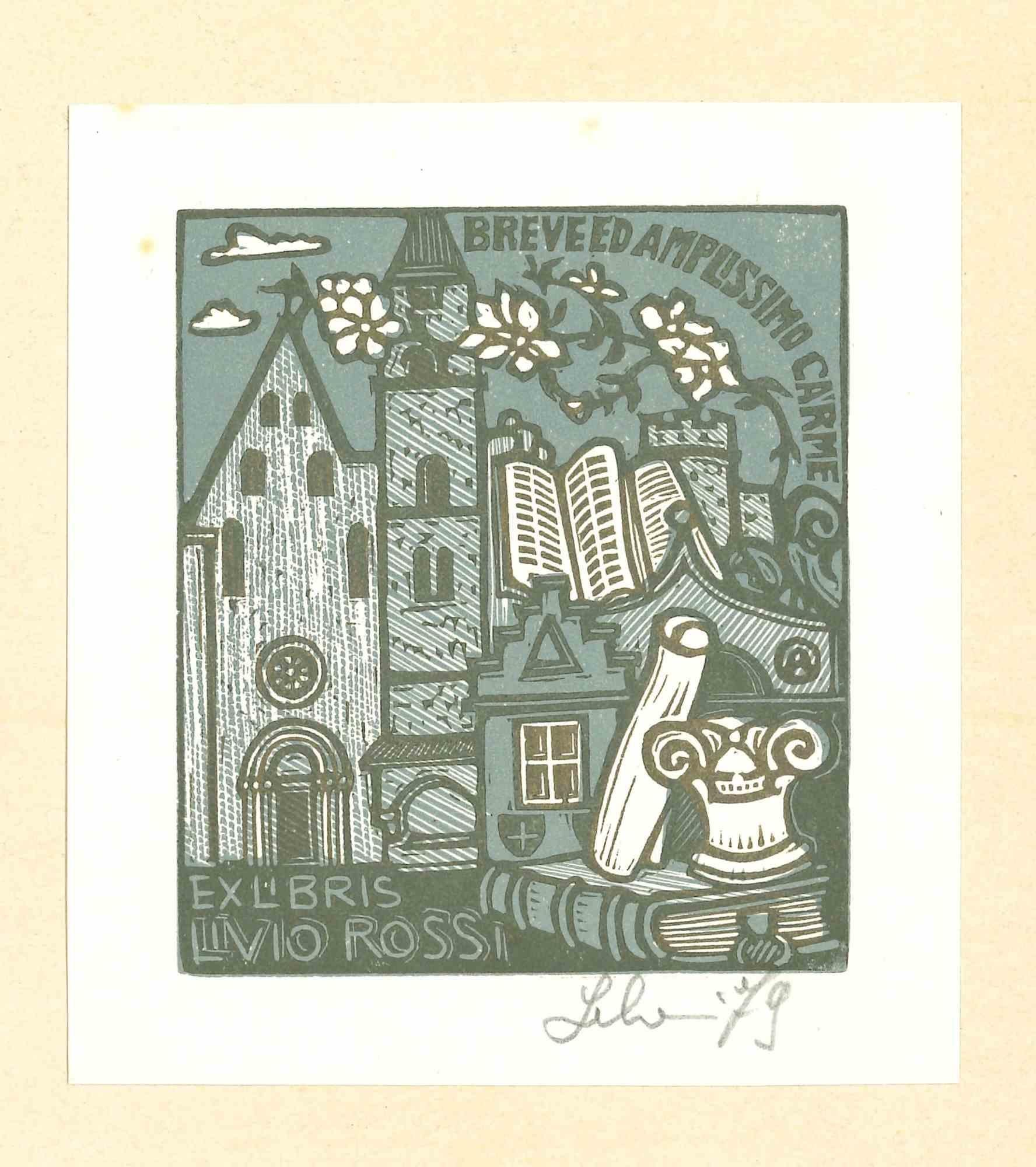 Unknown Figurative Print – Ex Libris Livio Rossi – Original-Holzschnitt – 1979