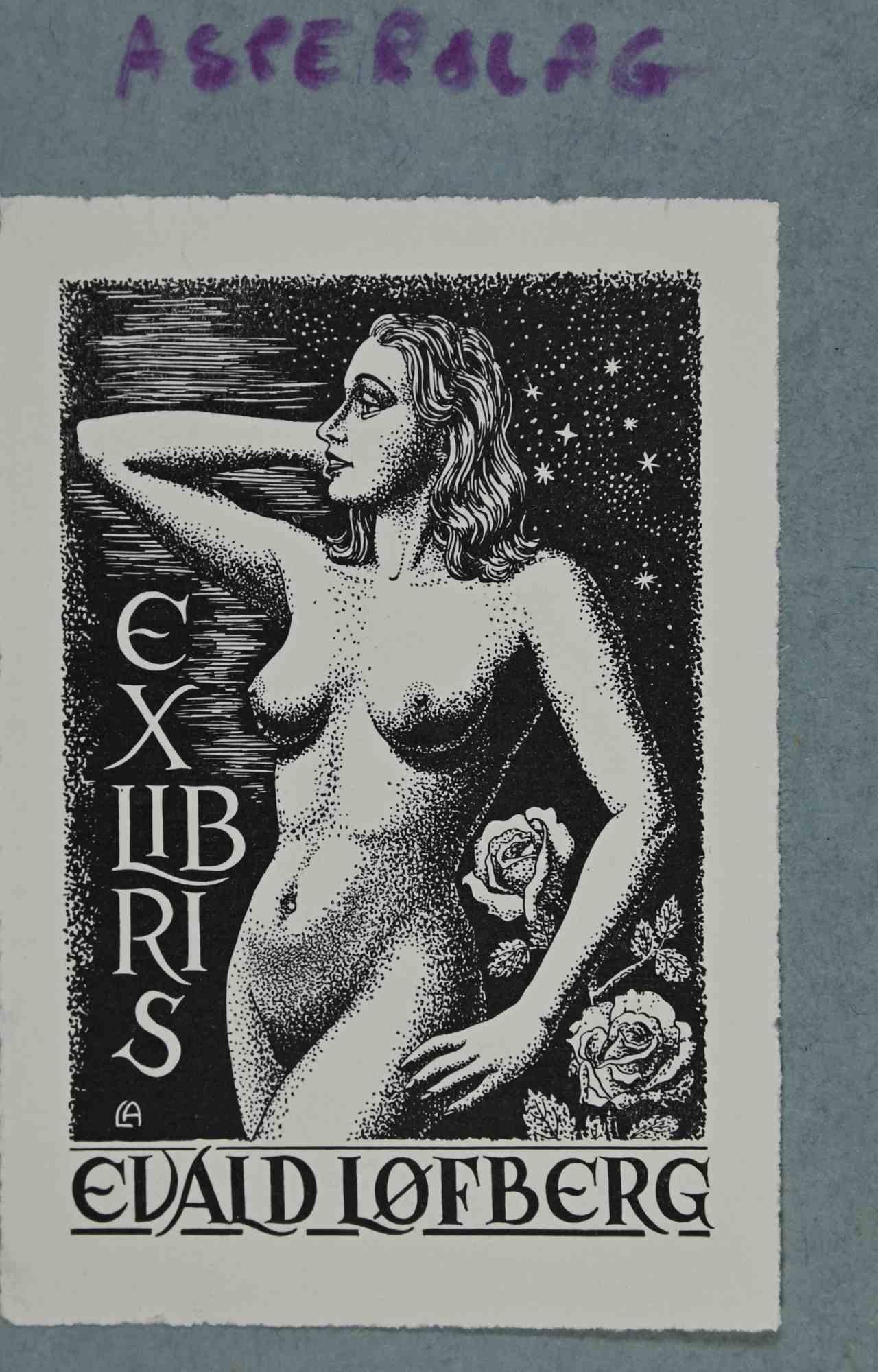 Unknown Figurative Print - Ex-Libris - Lofberg - Woodcut - Mid 20th Century