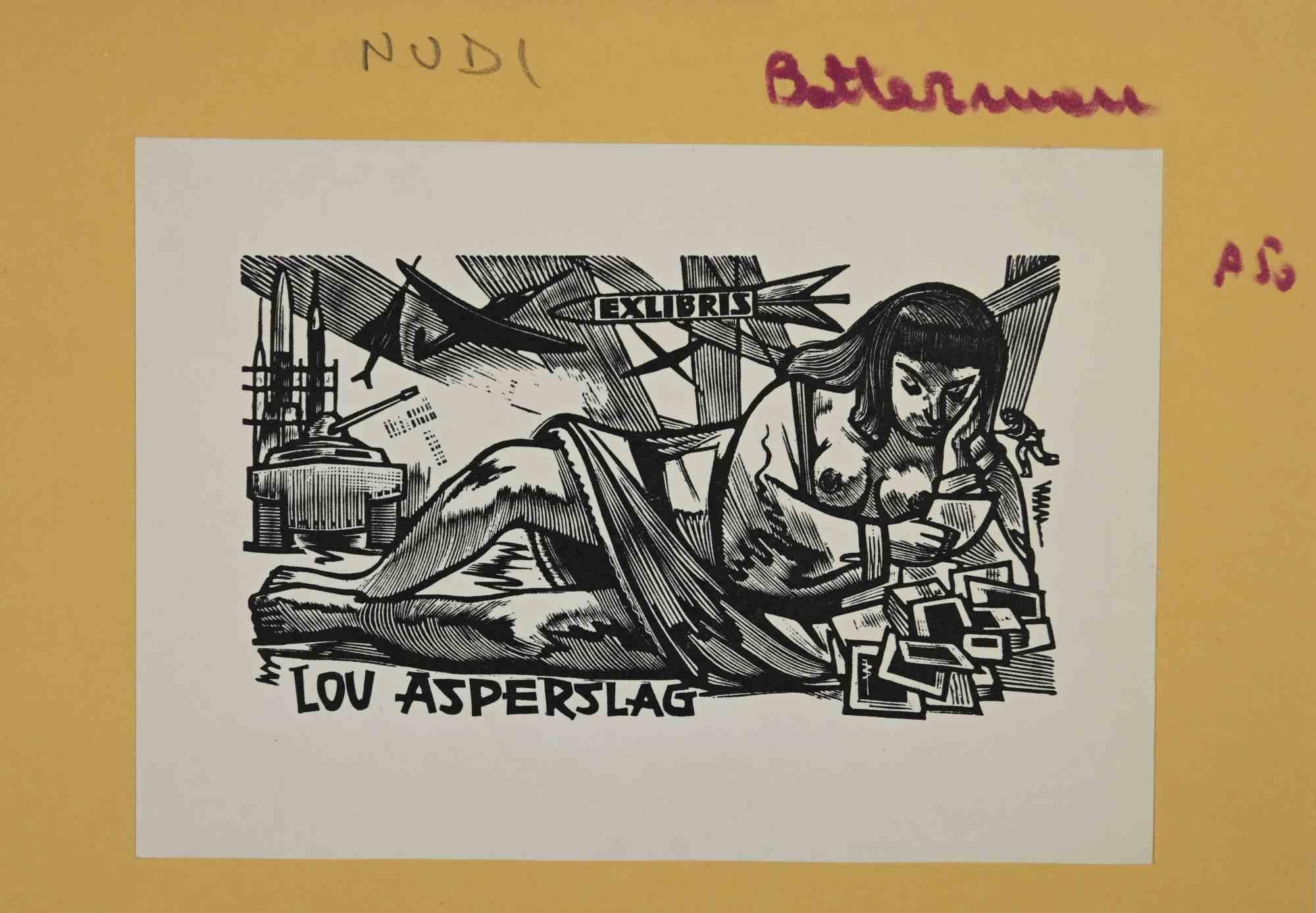 Unknown Figurative Print - Ex-Libris - Lou Asperslag - Woodcut - Mid 20th Century