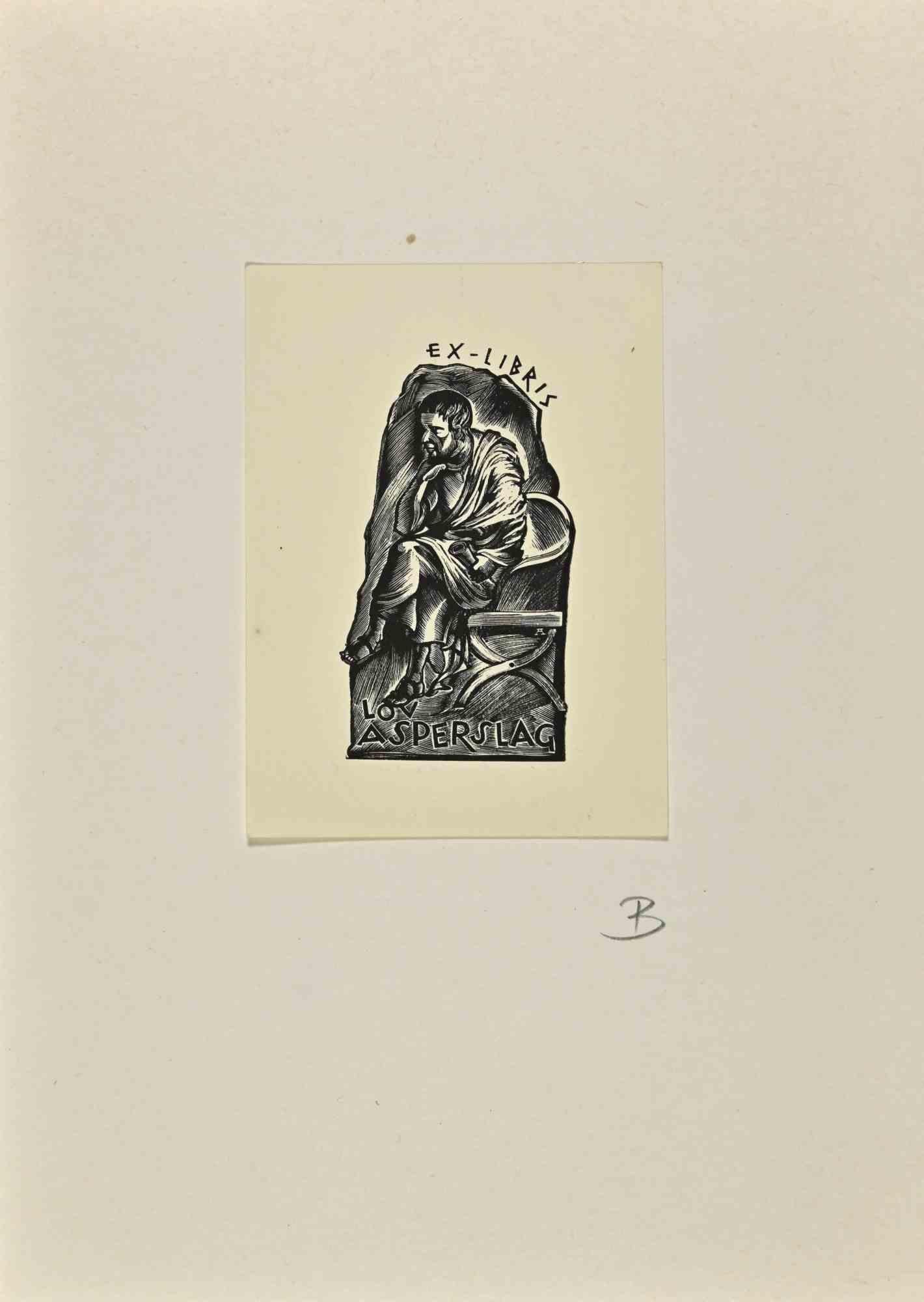 Unknown Figurative Print - Ex Libris - Lov Asperslag - Woodcut - Mid 20th Century