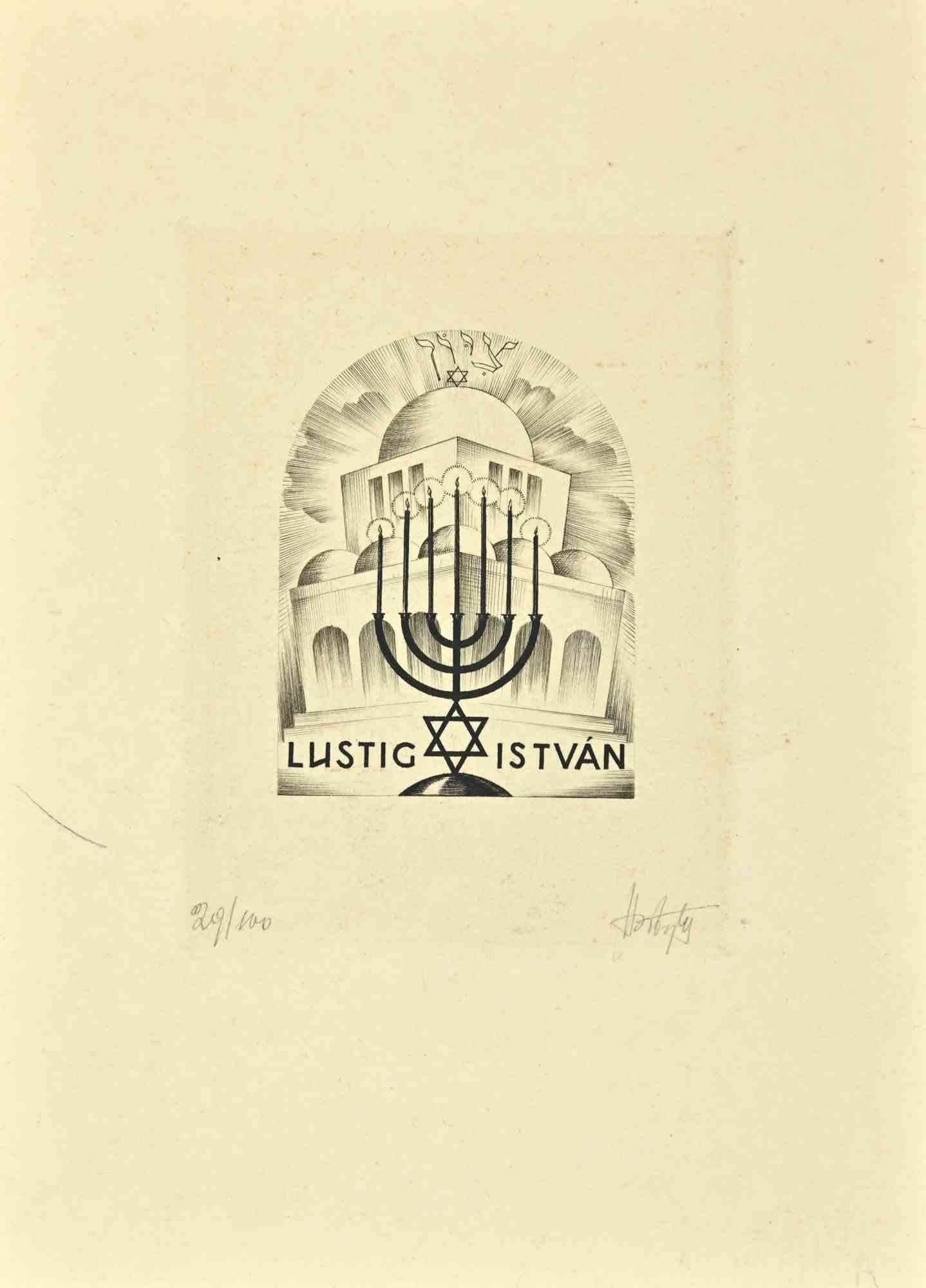 Unknown Figurative Print – Ex Libris – Lustig  Istvan – Holzschnitt – Mitte des 20. Jahrhunderts