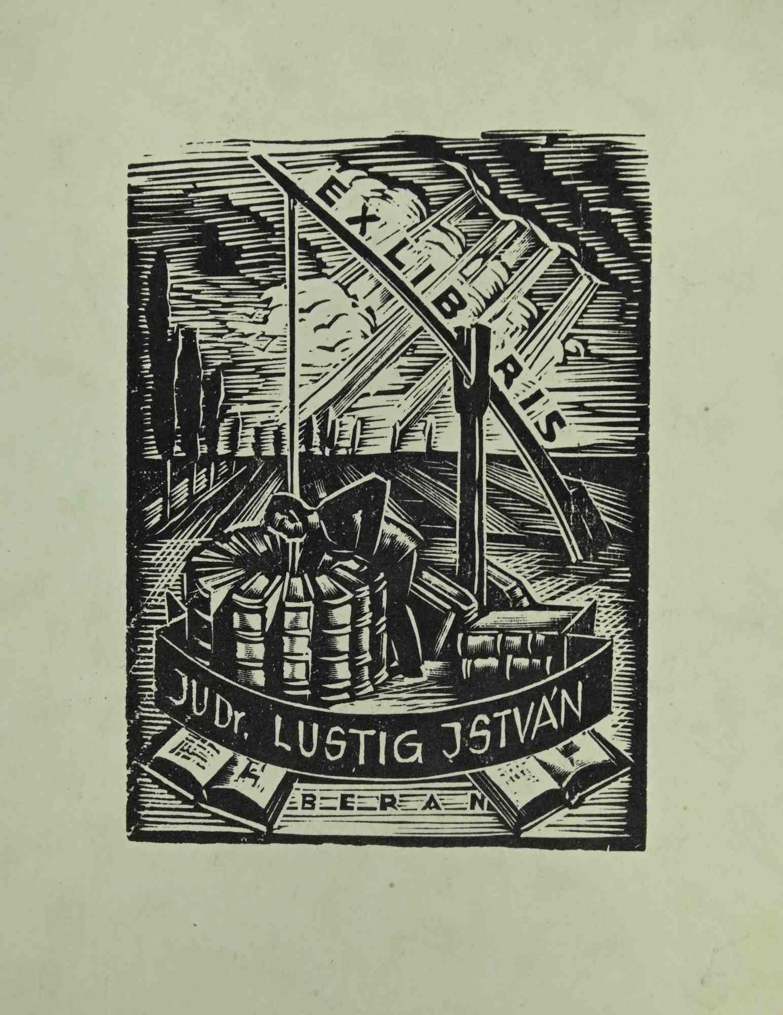 Unknown Figurative Print - Ex-Libris - Lustig Jstvan - woodcut - Mid 20th Century