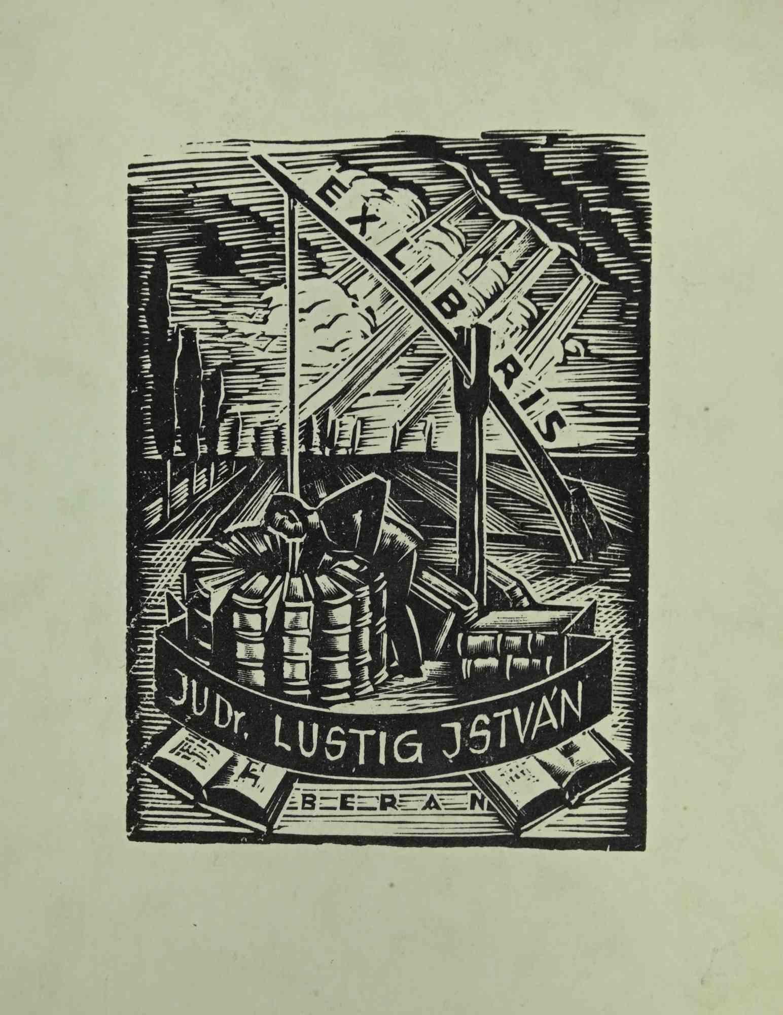 Unknown Figurative Print – Ex-Libris – Lustig Jstvan – Holzschnitt – Mitte des 20. Jahrhunderts