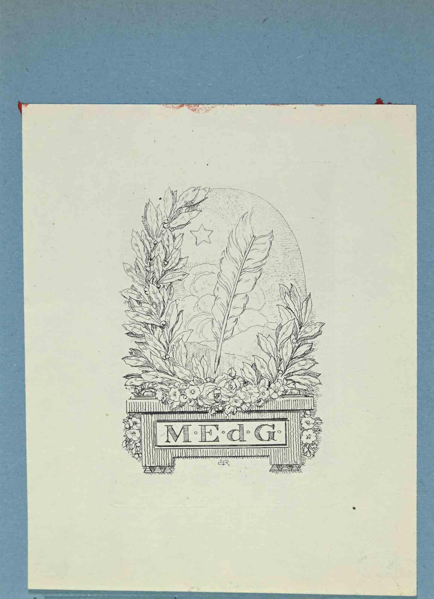 Unknown Figurative Print – Ex Libris - M E d G - Holzschnitt - Mitte des 20. Jahrhunderts