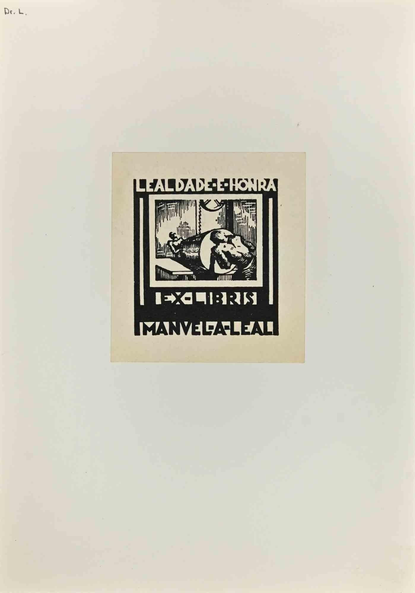 Unknown Figurative Print - Ex-Libris - Manvel-A-Leali - Woodcut - 1930