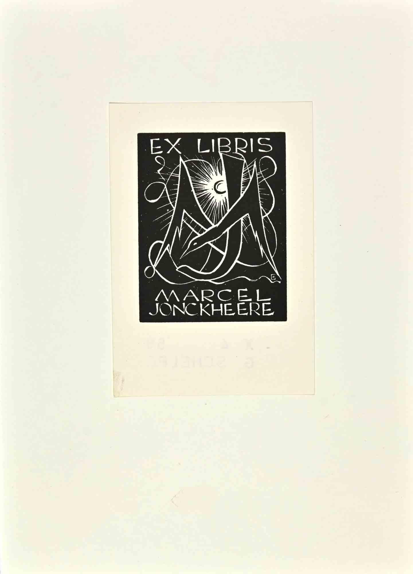 Unknown Figurative Print -  Ex Libris - Marcel Jonckheere - Woodcut by Gerard Schelpe - 1959s