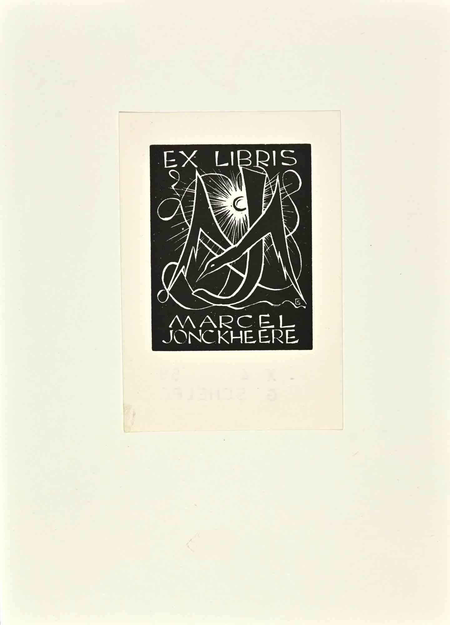 Unknown Figurative Print – Ex Libris – Marcel Jonckheere – Holzschnitt von Gerard Schelpe – 1959er Jahre