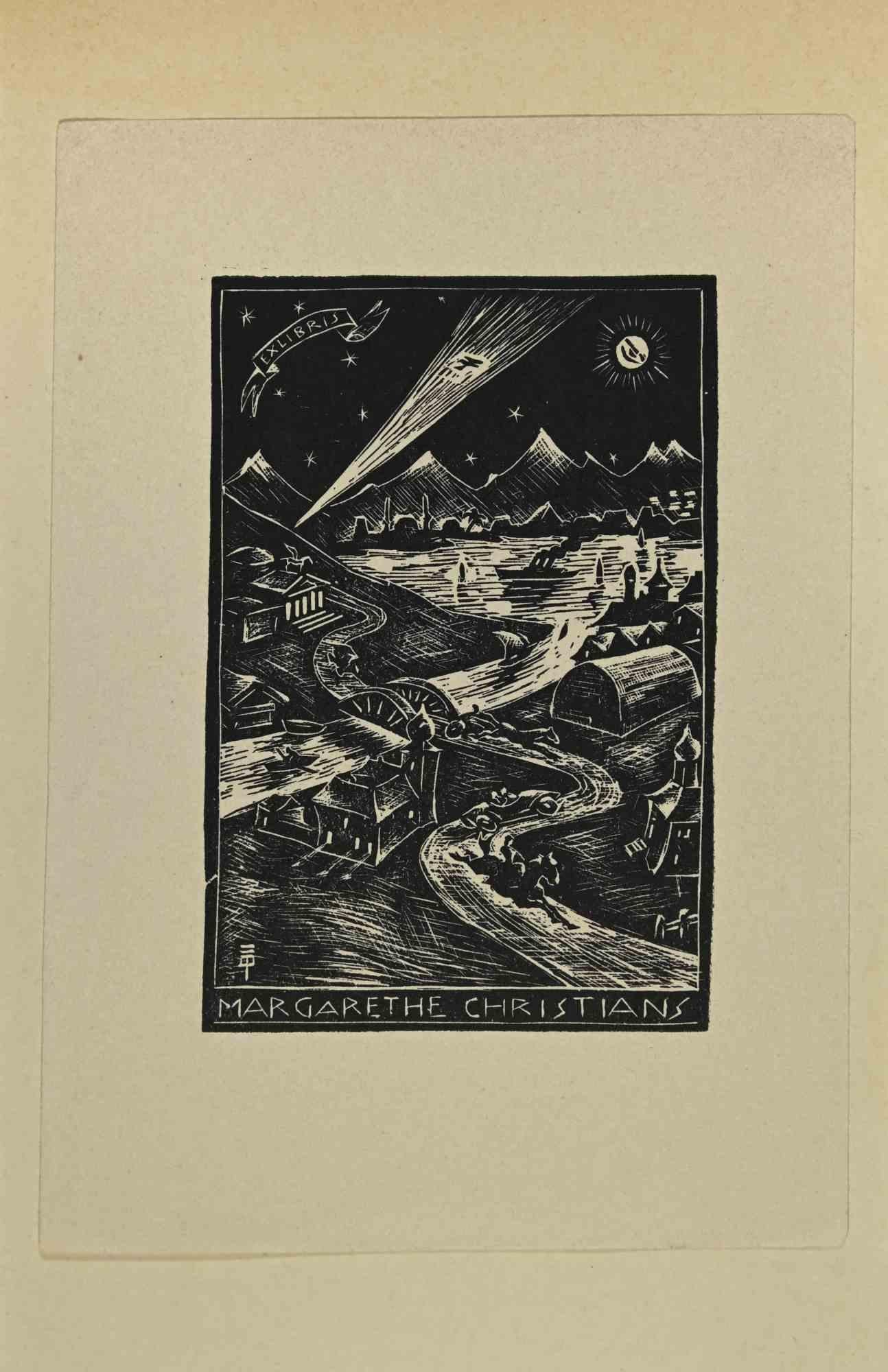 Unknown Figurative Print – Ex Libris - Margarethe Christians - Holzschnitt - Mitte des 20. Jahrhunderts