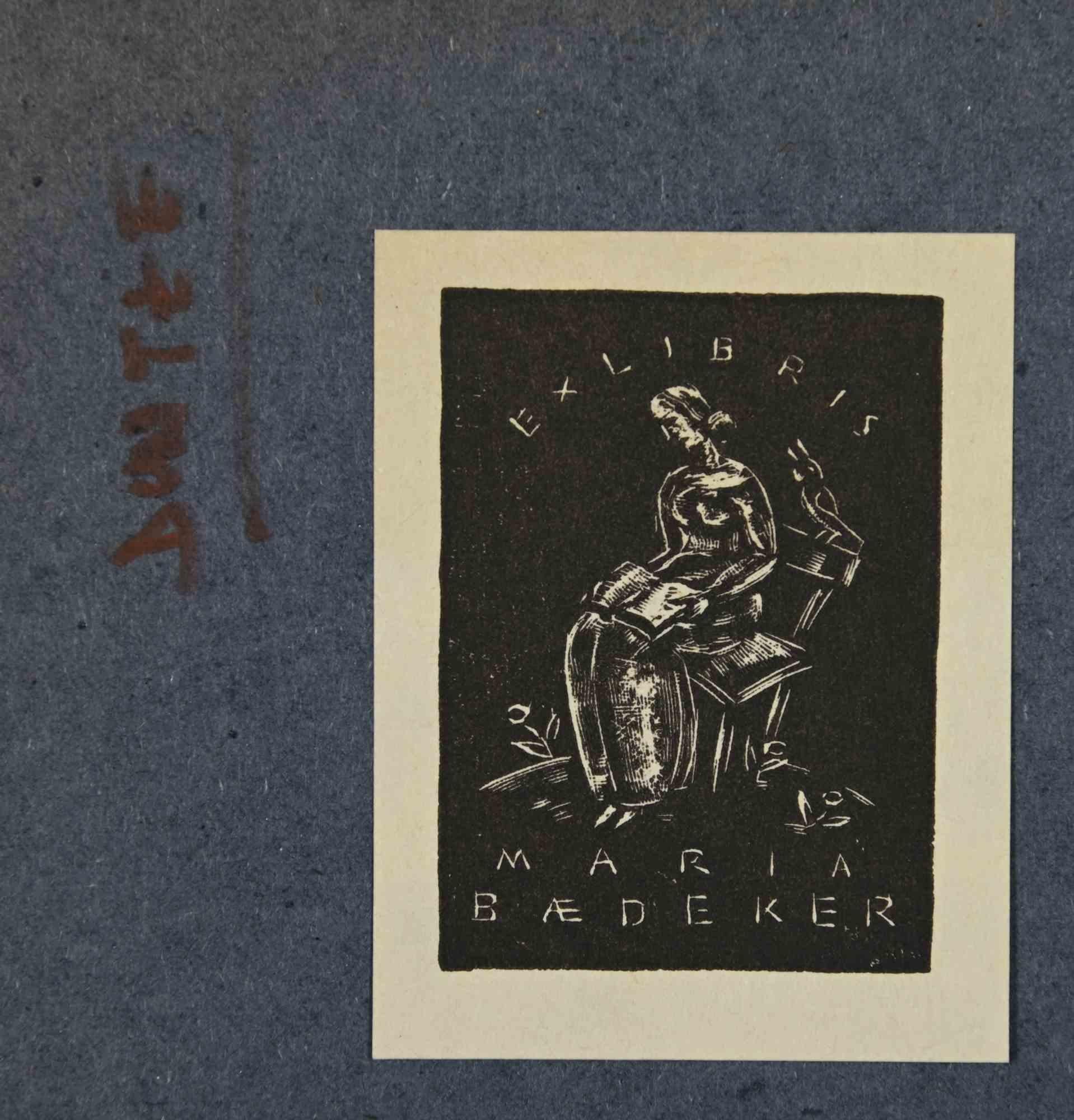 Unknown Figurative Print – Ex-Libris – Maria Baedeker – Holzschnitt – Mitte des 20. Jahrhunderts