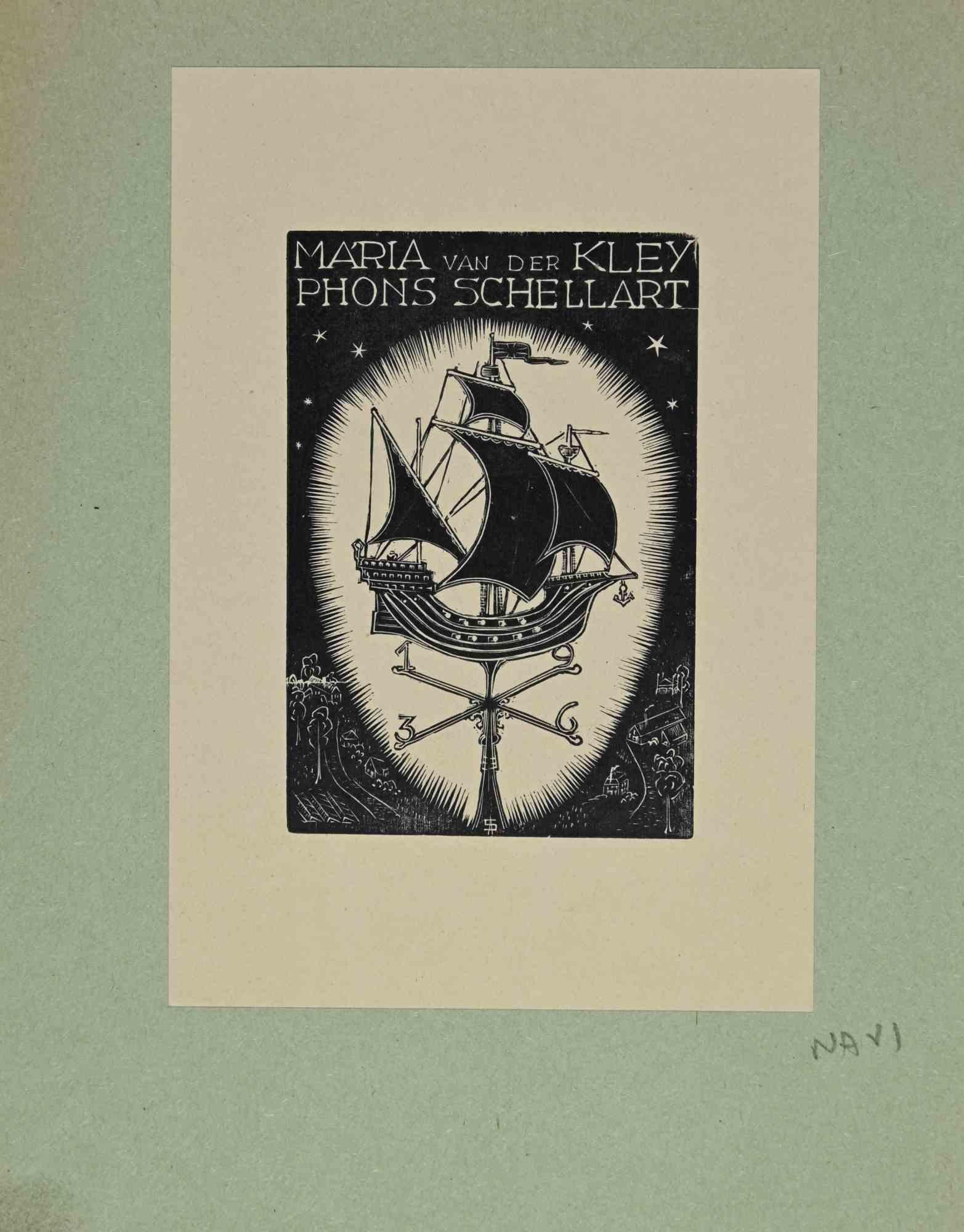 Figurative Print Unknown - Ex Libris - Maria Van Der Kley Phons Schellart - Gravure sur bois par A. Schellart - 1950s