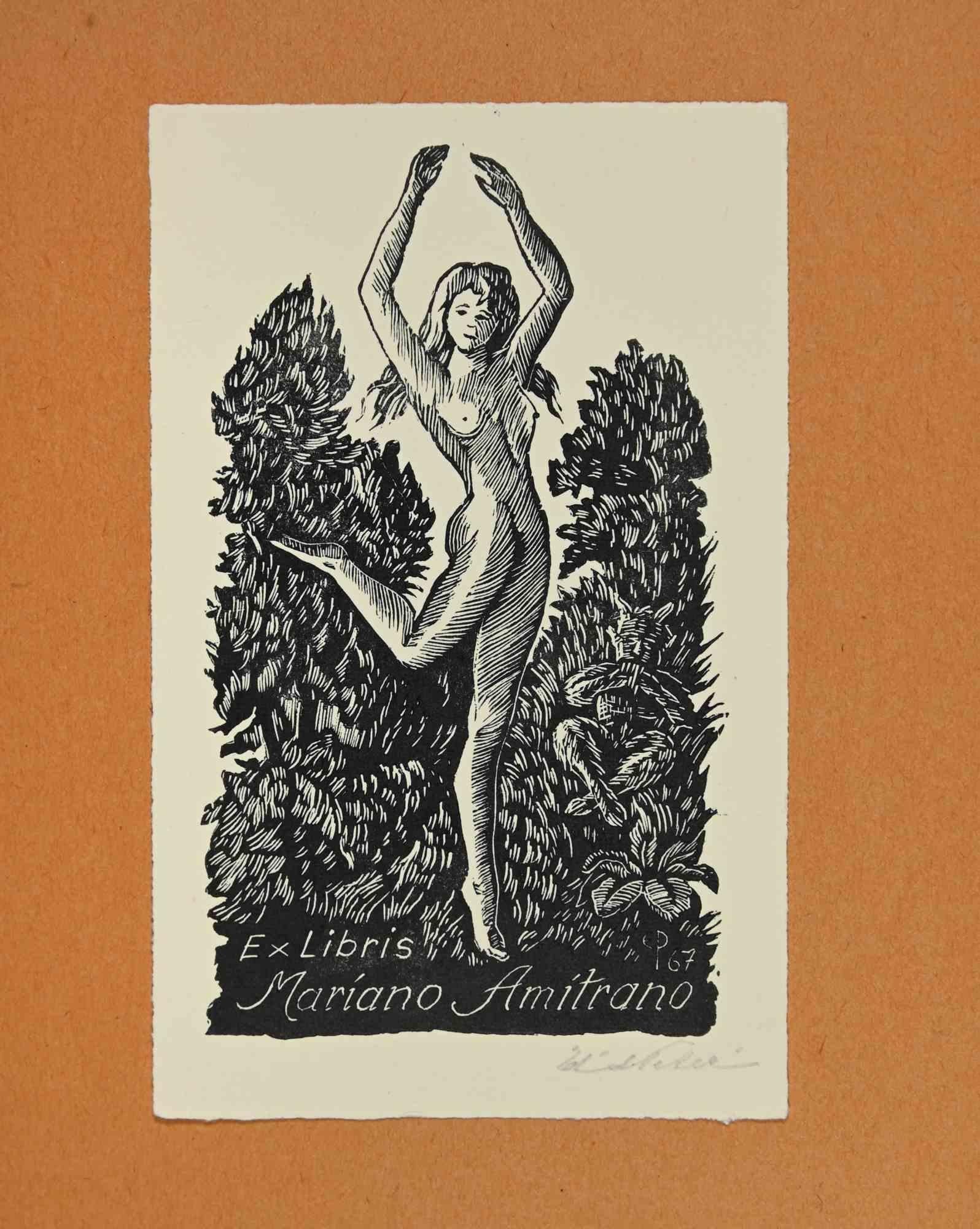 Unknown Figurative Print - Ex-Libris - Mariano Amitrano - Woodcut - Mid 20th Century