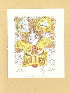 Ex Libris Marie Stra - Litografia originale colorata ad acqua - Fine XX secolo