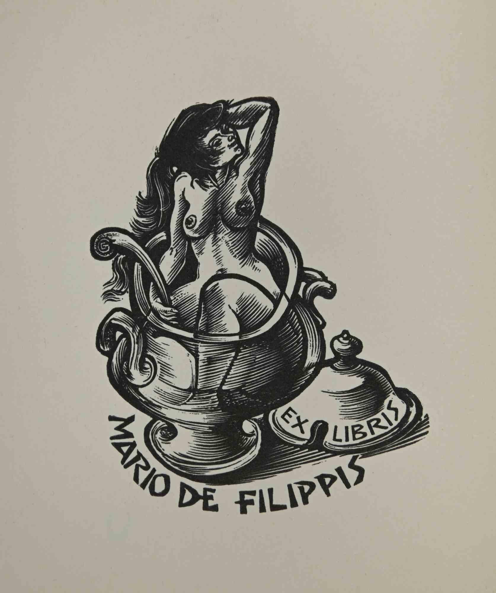 Unknown Figurative Print – Ex-Libris – Mario de Filippis – Holzschnitt – Mitte des 20. Jahrhunderts