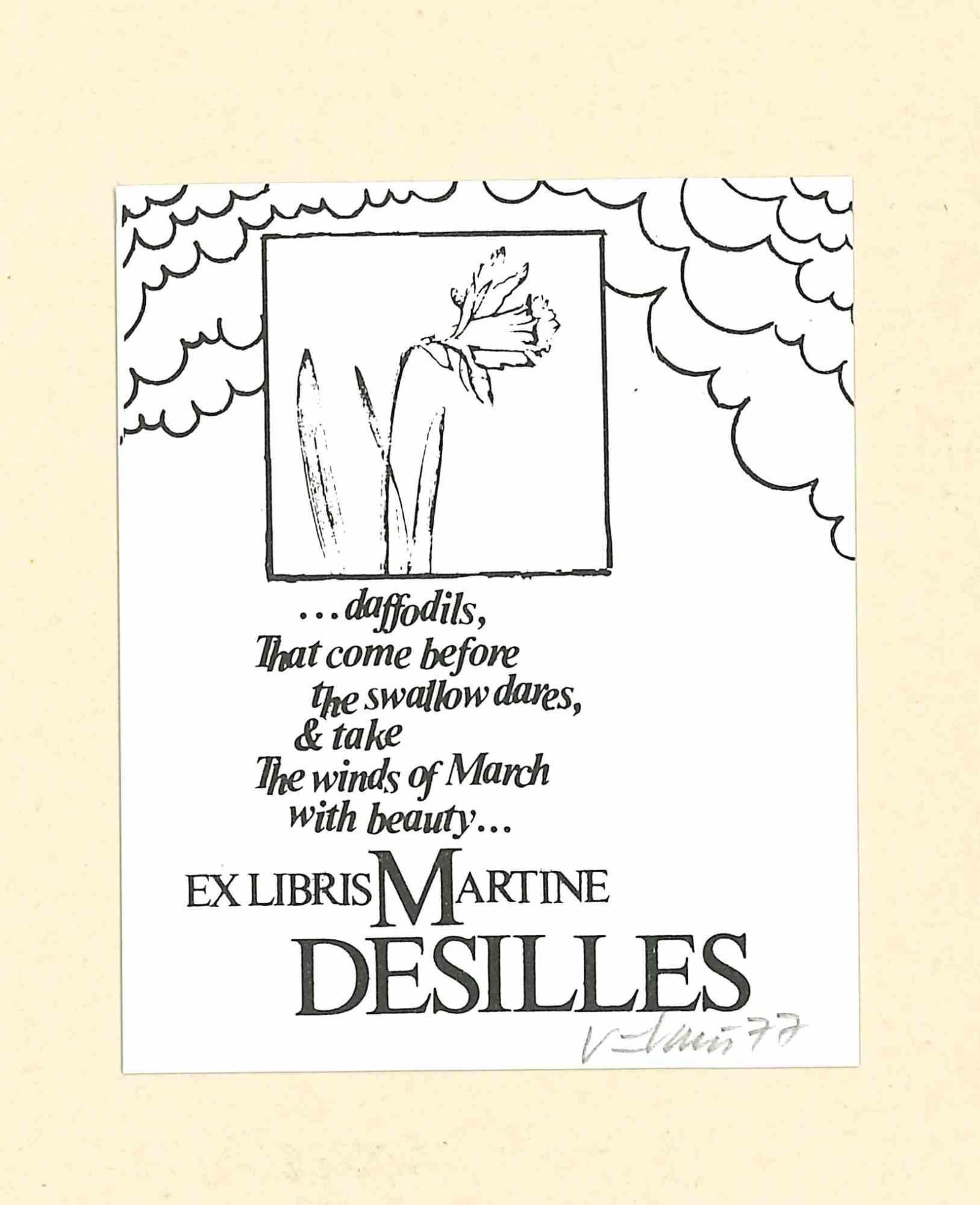 Unknown Figurative Print - Ex Libris Martine Desilles - Original Woodcut - 1977